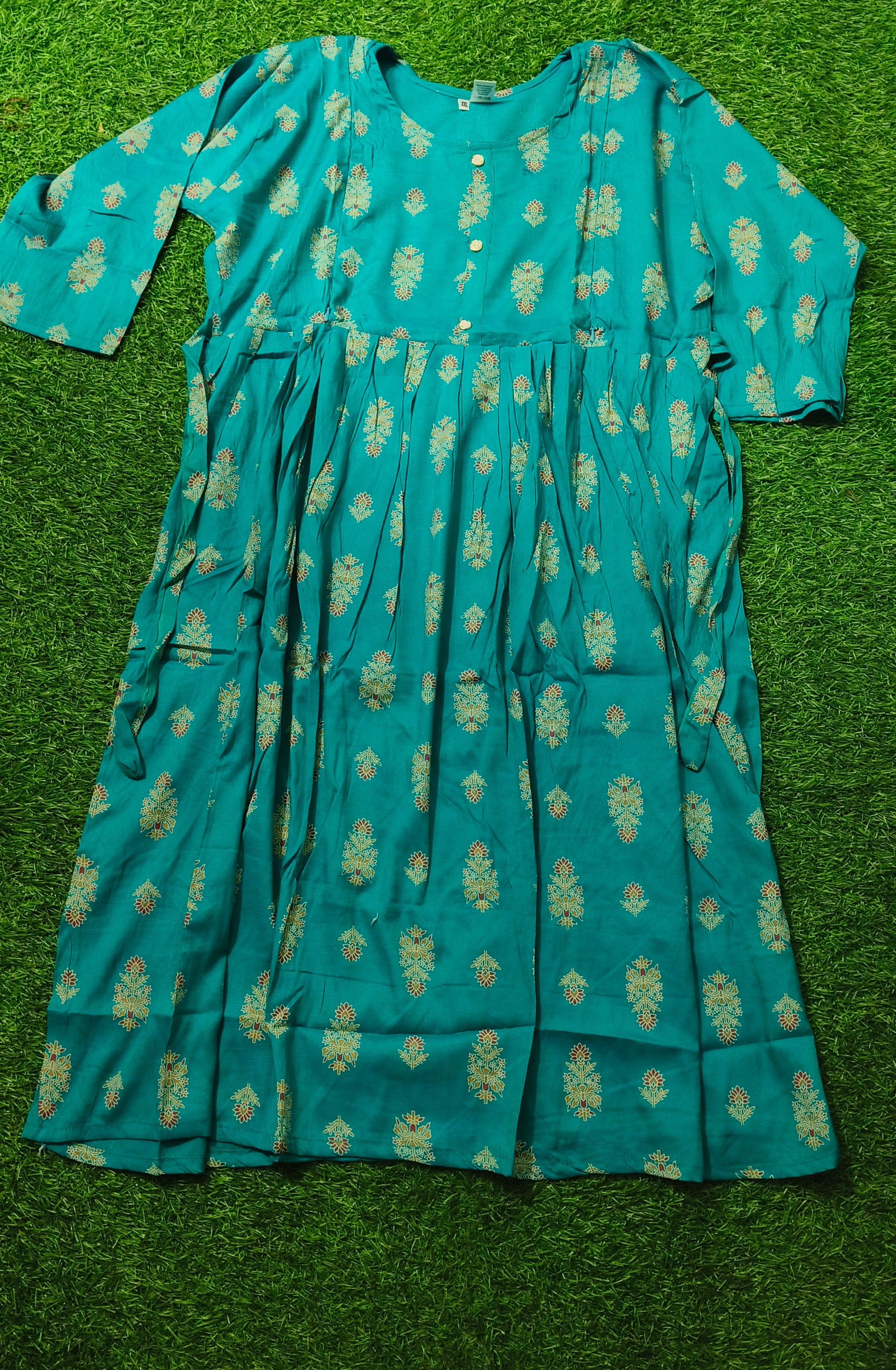 Elegant Green Printed Single Piece Kurti with Front Buttons and Waist Tie