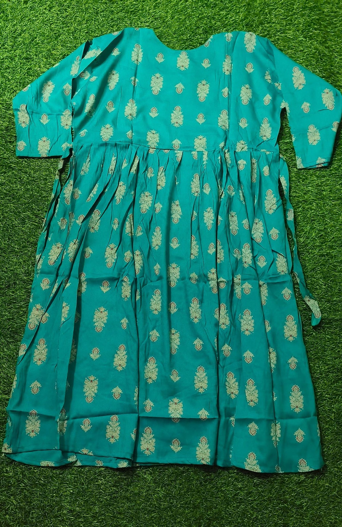 Heavy Two-Tone Print Teal green Rayon Feeding Kurti with Adjustable Waist Tie
