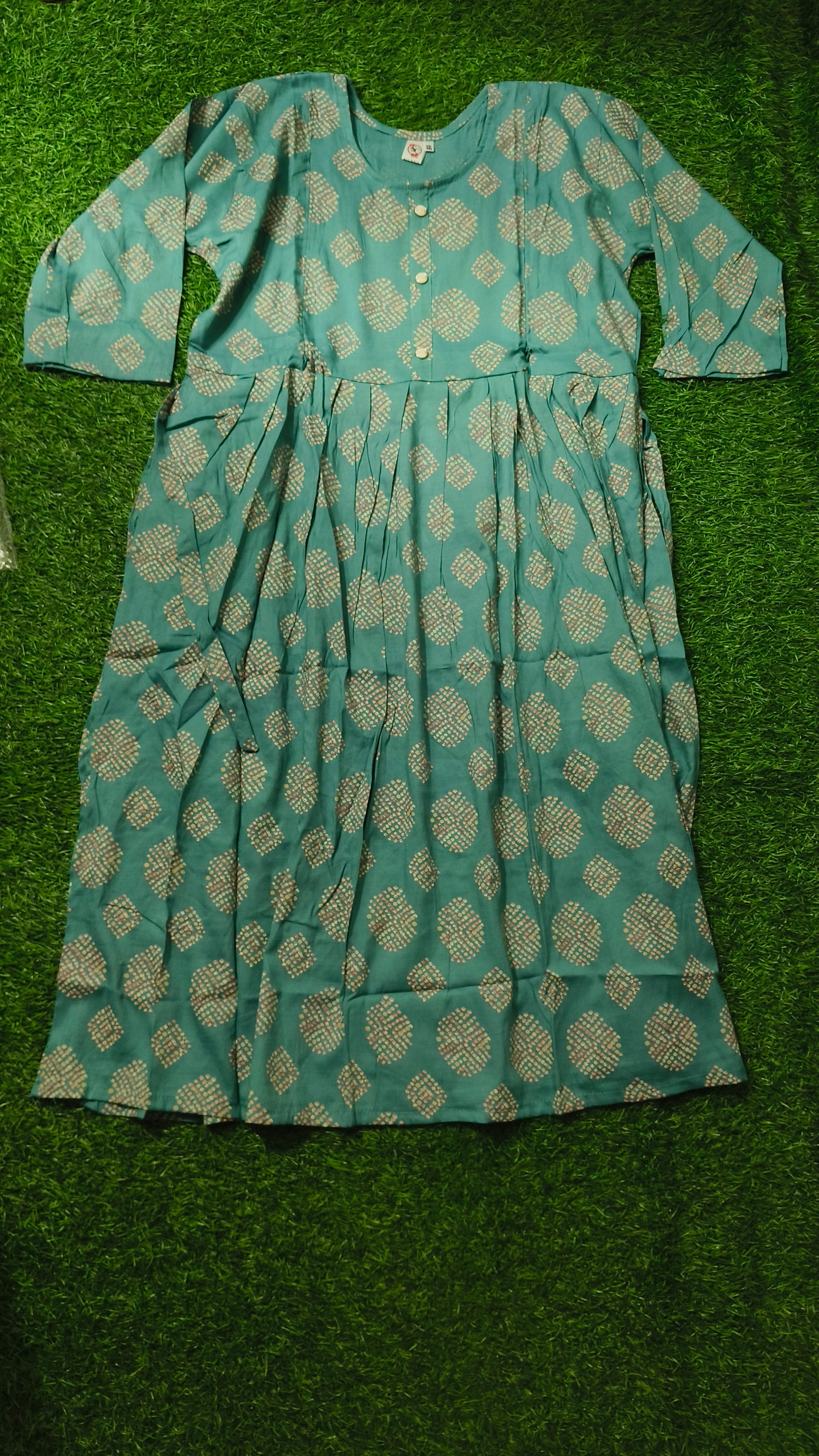 Heavy Two-Tone Print Sea Green Rayon Feeding Kurti with Adjustable Waist Tie