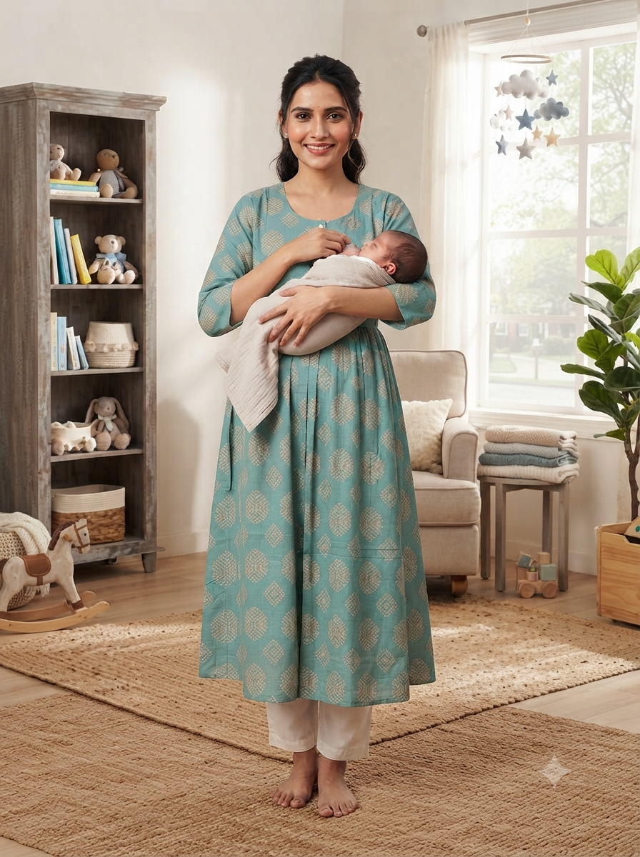 Heavy Two-Tone Print Sea Green Rayon Feeding Kurti with Adjustable Waist Tie