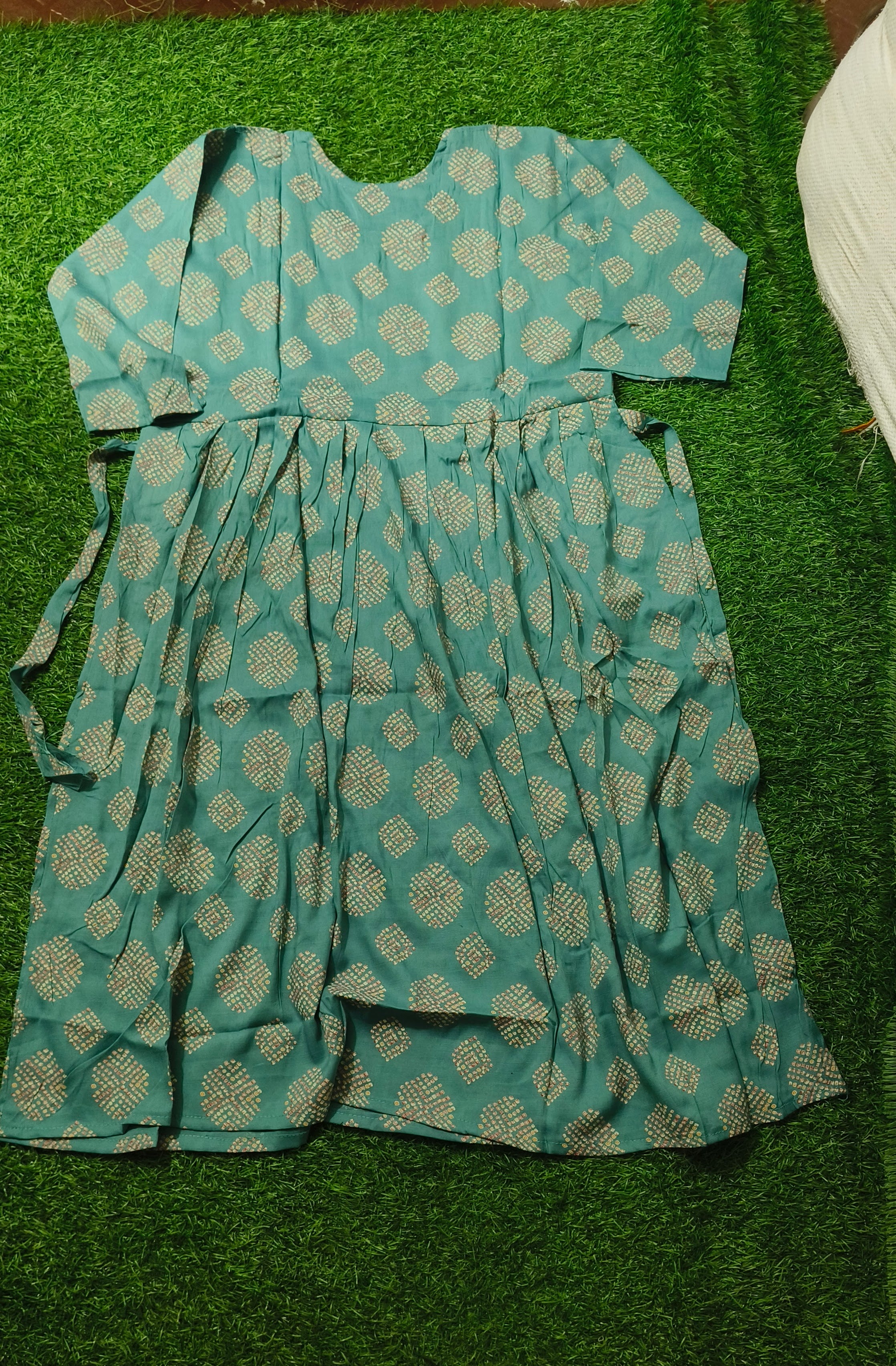 Heavy Two-Tone Print Sea Green Rayon Feeding Kurti with Adjustable Waist Tie