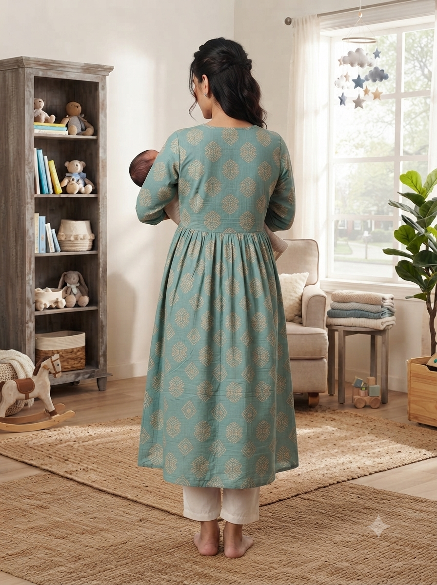 Heavy Two-Tone Print Sea Green Rayon Feeding Kurti with Adjustable Waist Tie