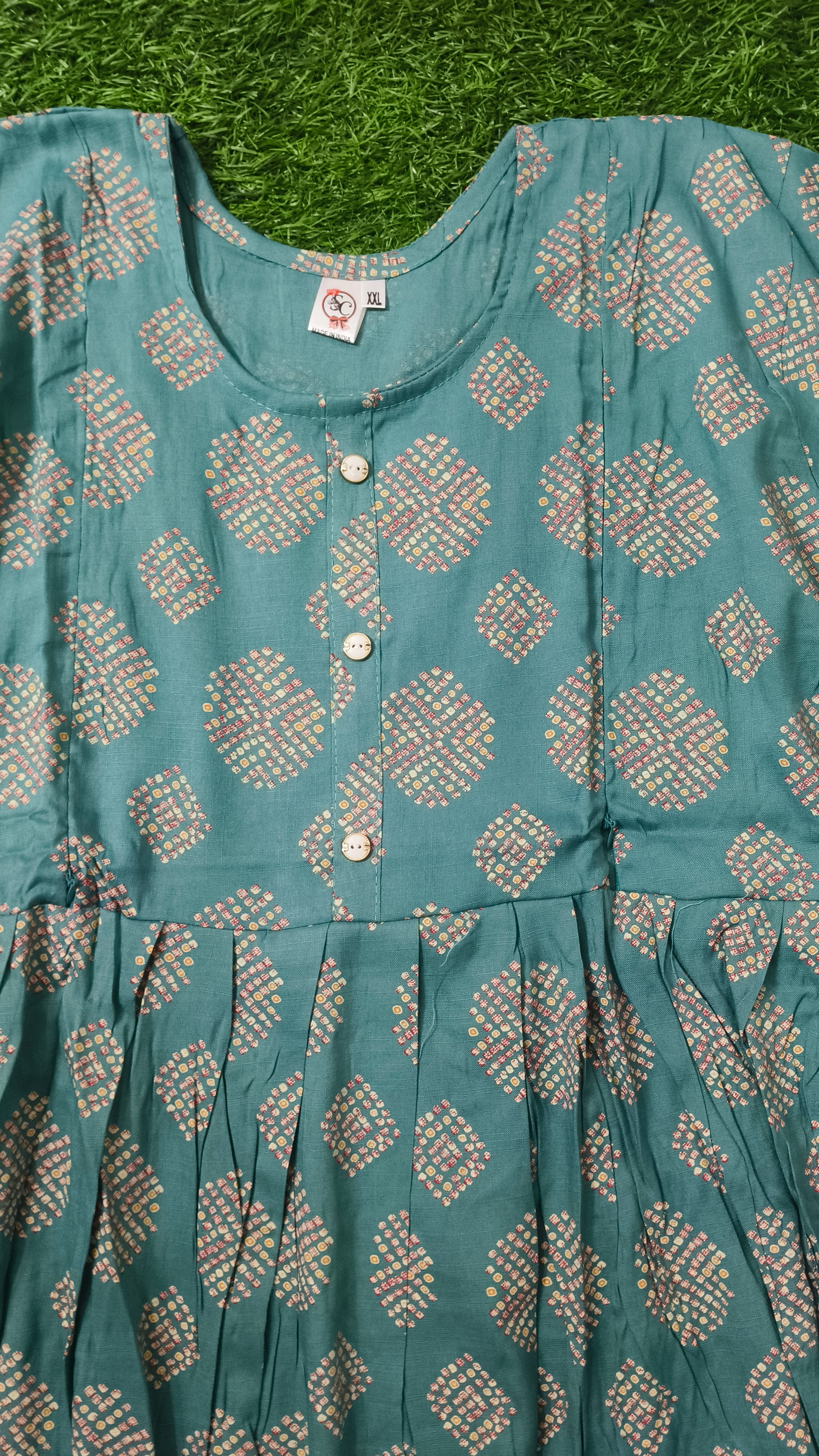 Heavy Two-Tone Print Sea Green Rayon Feeding Kurti with Adjustable Waist Tie