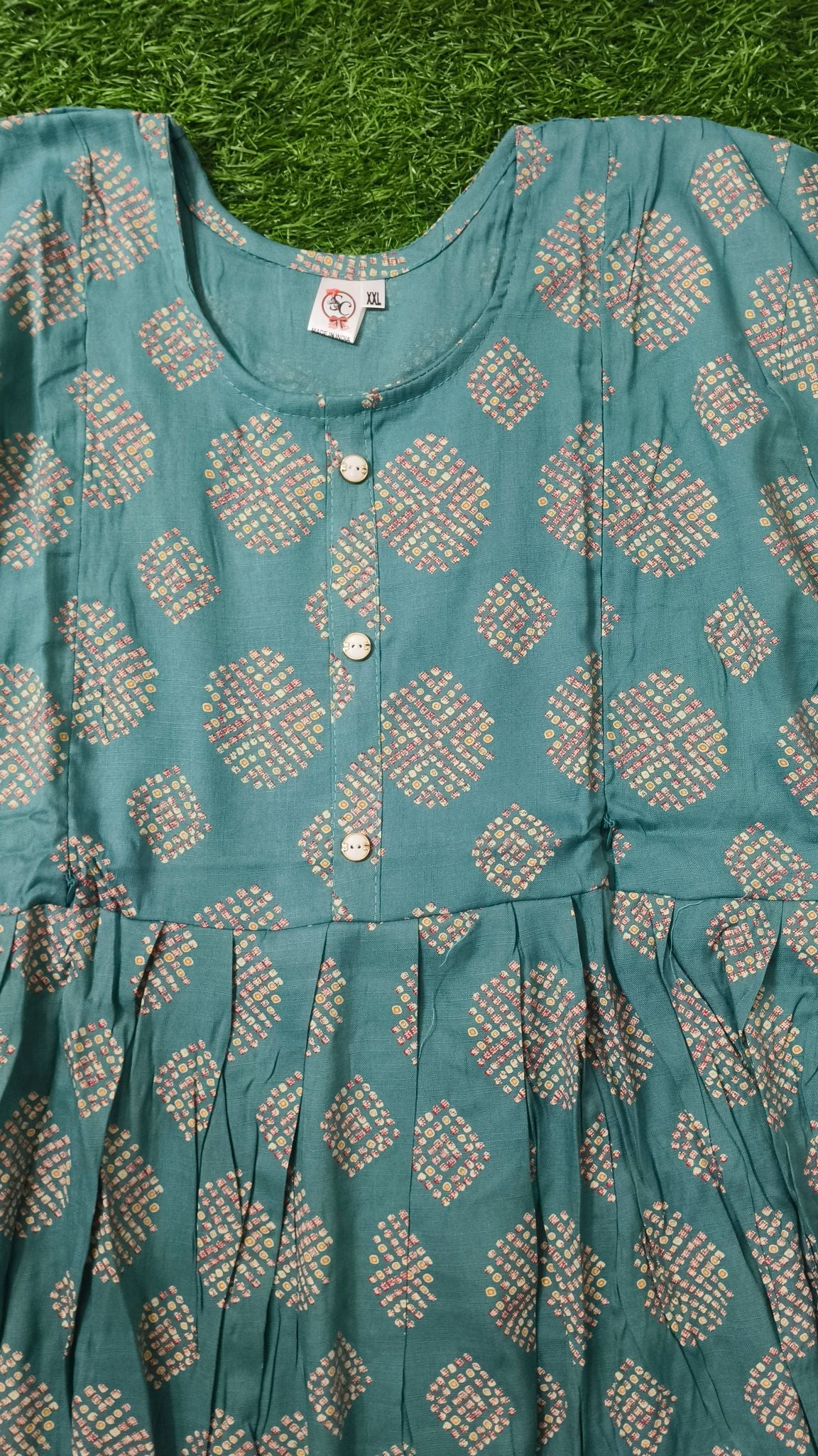 Heavy Two-Tone Print Sea Green Rayon Feeding Kurti with Adjustable Waist Tie