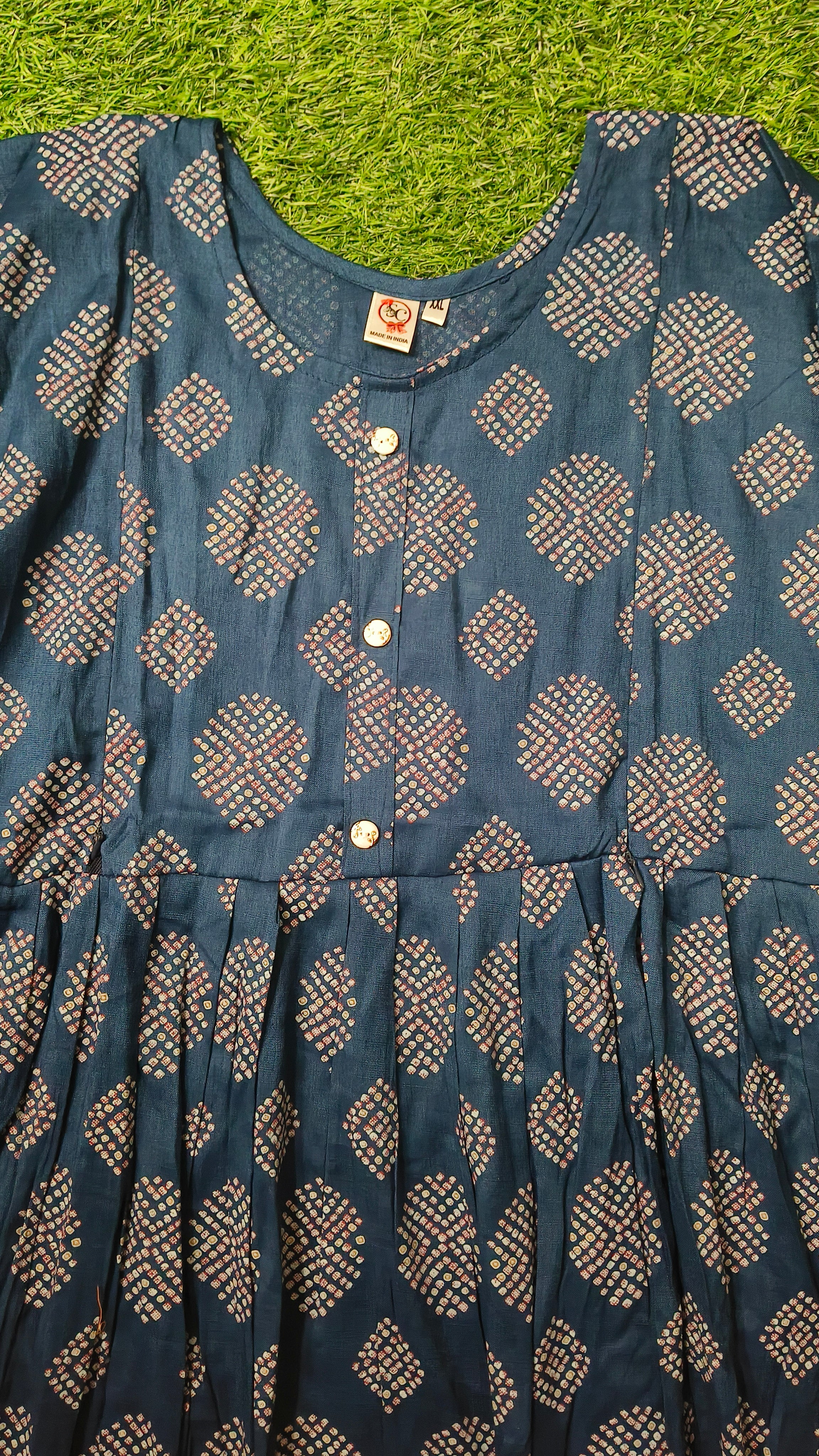 Elegant Navy Blue and Multi-colour Print Bandhani Print Single Piece Kurti with Front Buttons and Waist Tie
