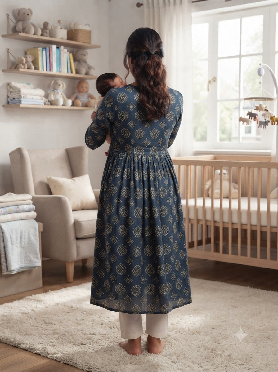 Elegant Navy Blue and Multi-colour Print Bandhani Print Single Piece Kurti with Front Buttons and Waist Tie