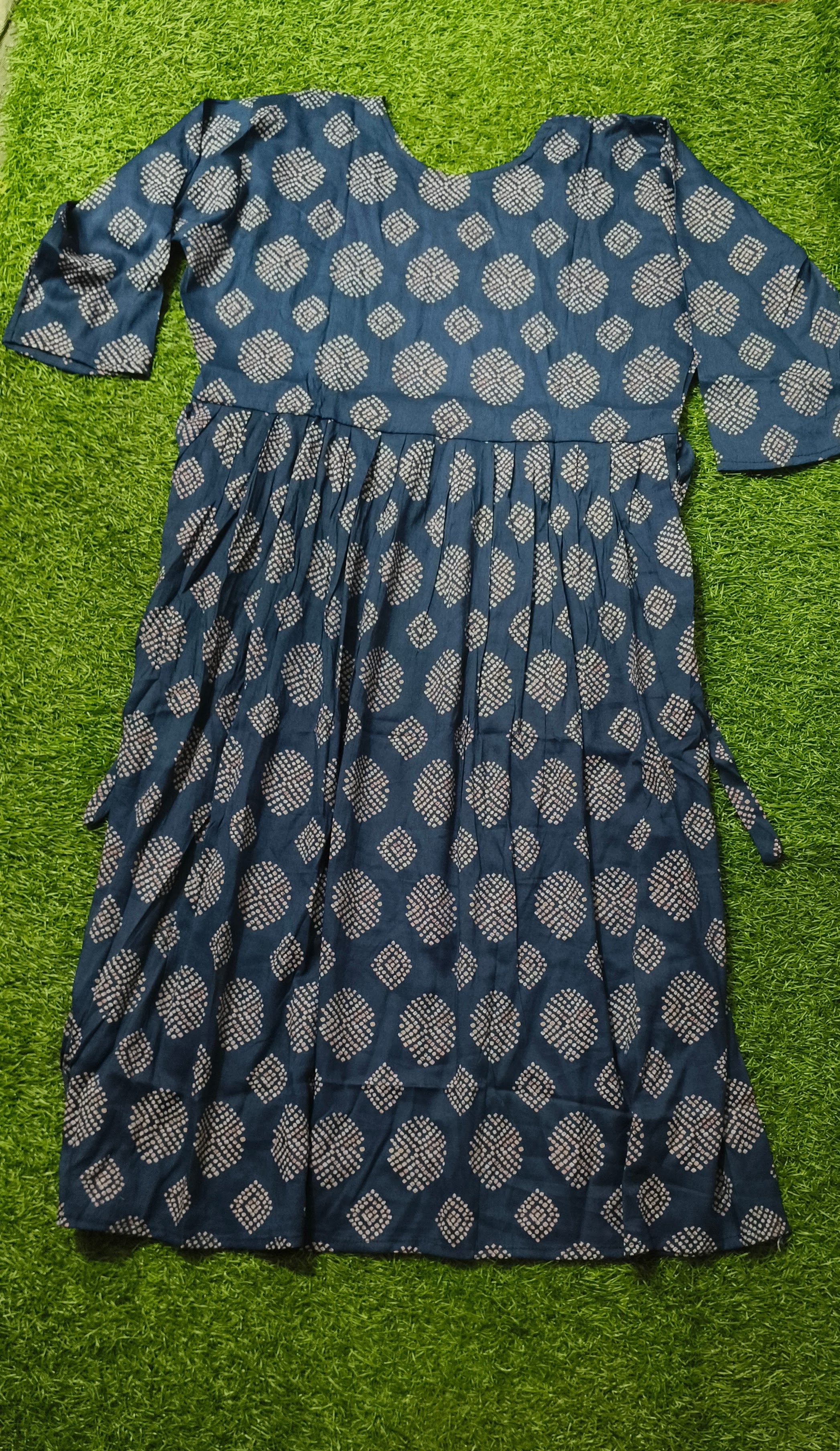 Elegant Navy Blue and Multi-colour Print Bandhani Print Single Piece Kurti with Front Buttons and Waist Tie