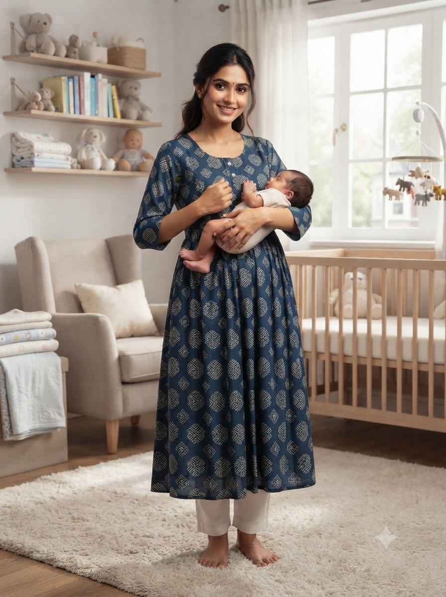 Elegant Navy Blue and Multi-colour Print Bandhani Print Single Piece Kurti with Front Buttons and Waist Tie