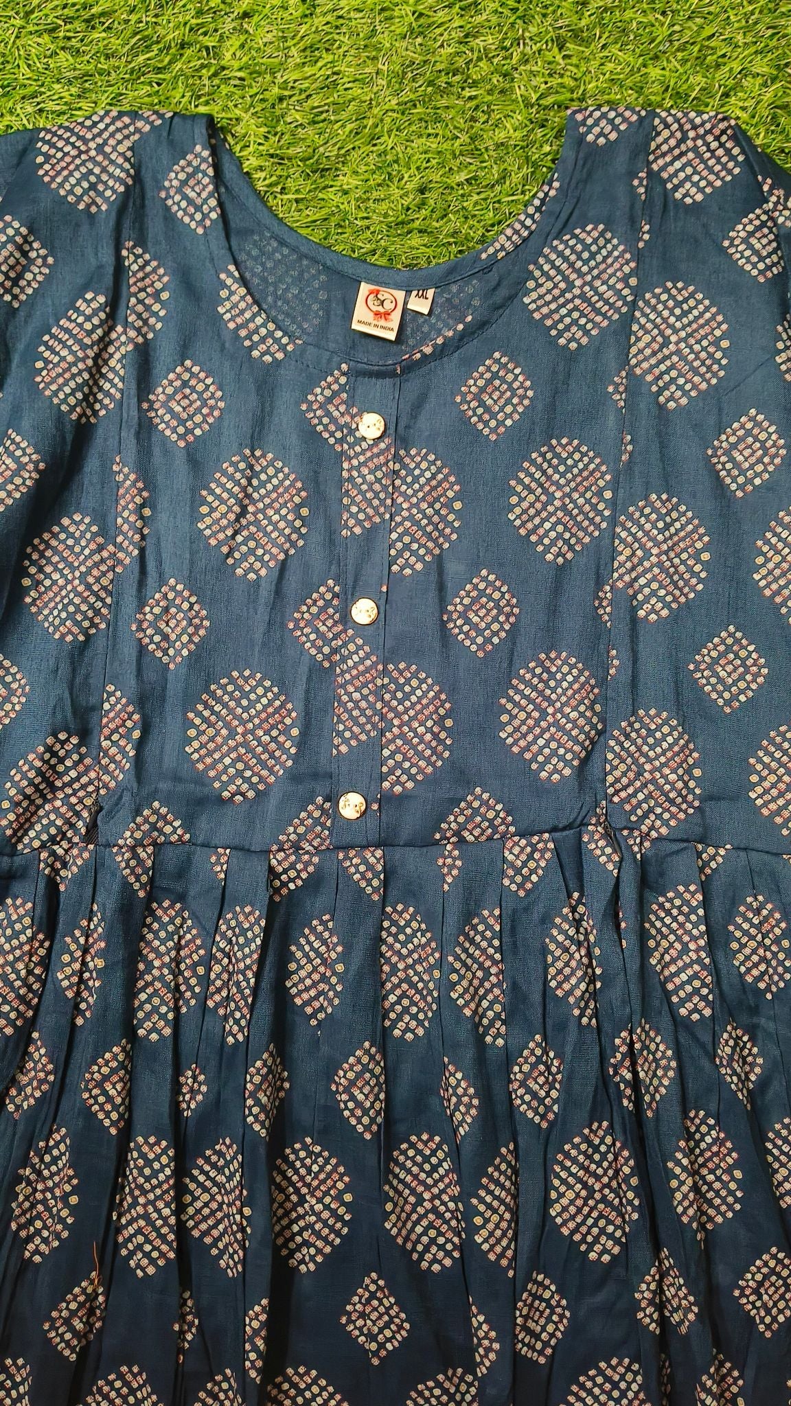 Elegant Navy Blue and Multi-colour Print Bandhani Print Single Piece Kurti with Front Buttons and Waist Tie