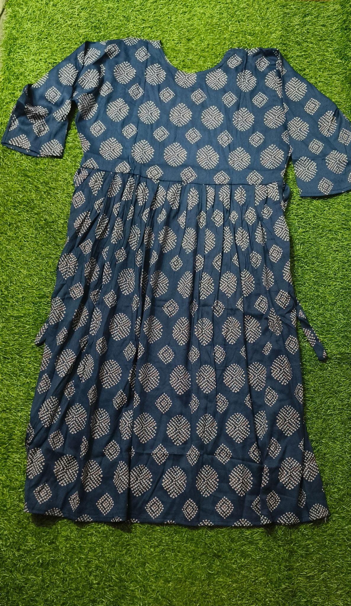 Elegant Navy Blue and Multi-colour Print Bandhani Print Single Piece Kurti with Front Buttons and Waist Tie