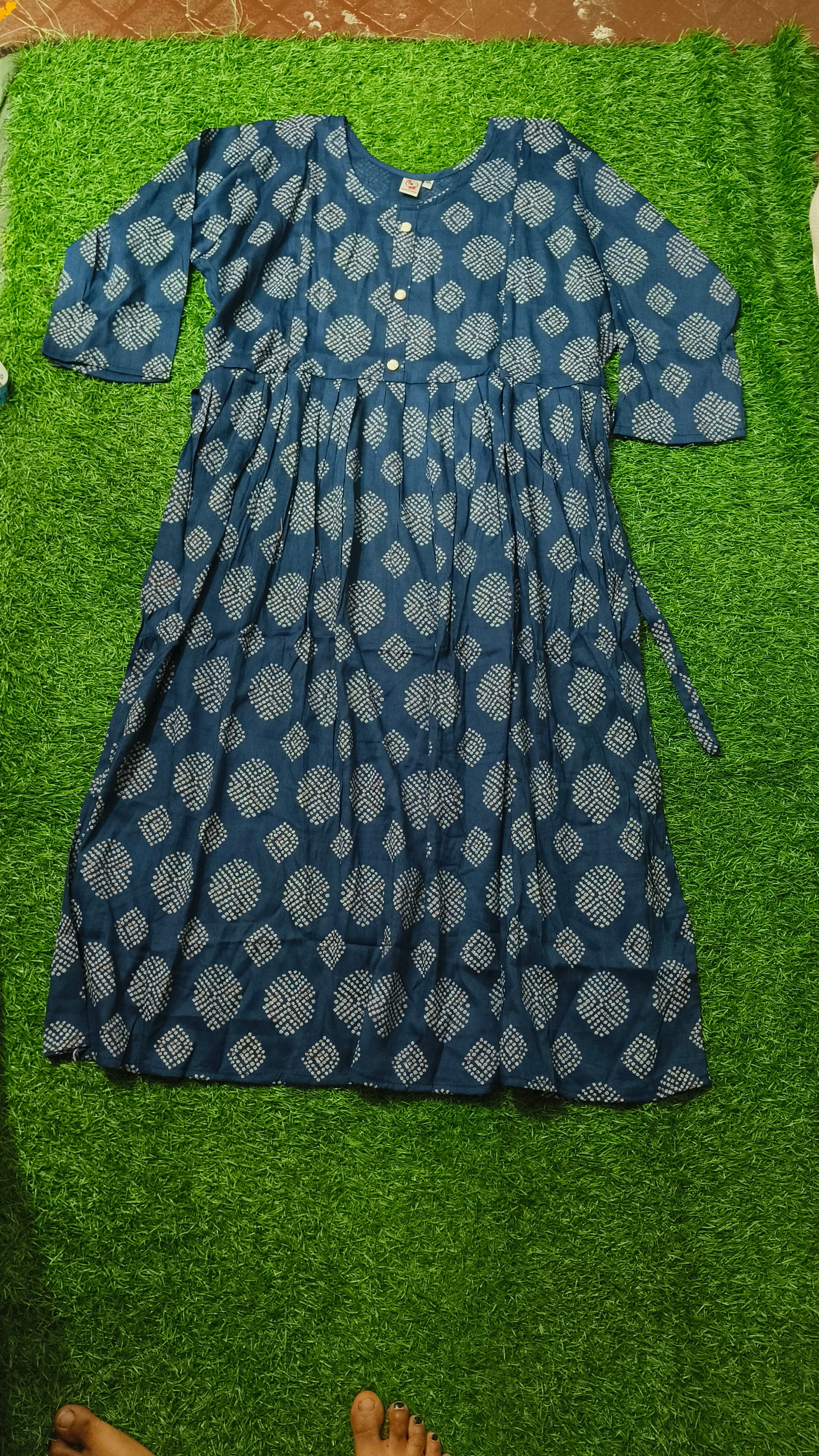Elegant Navy Blue and Multi-colour Print Bandhani Print Single Piece Kurti with Front Buttons and Waist Tie