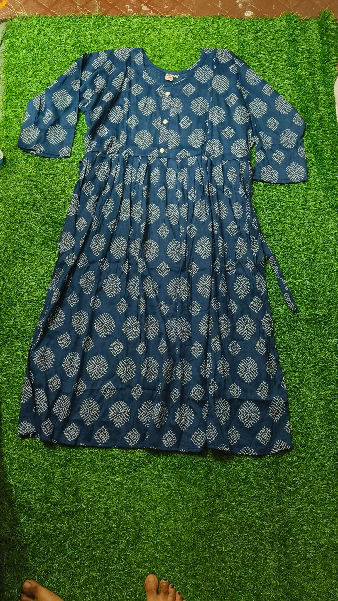 Elegant Navy Blue and Multi-colour Print Bandhani Print Single Piece Kurti with Front Buttons and Waist Tie