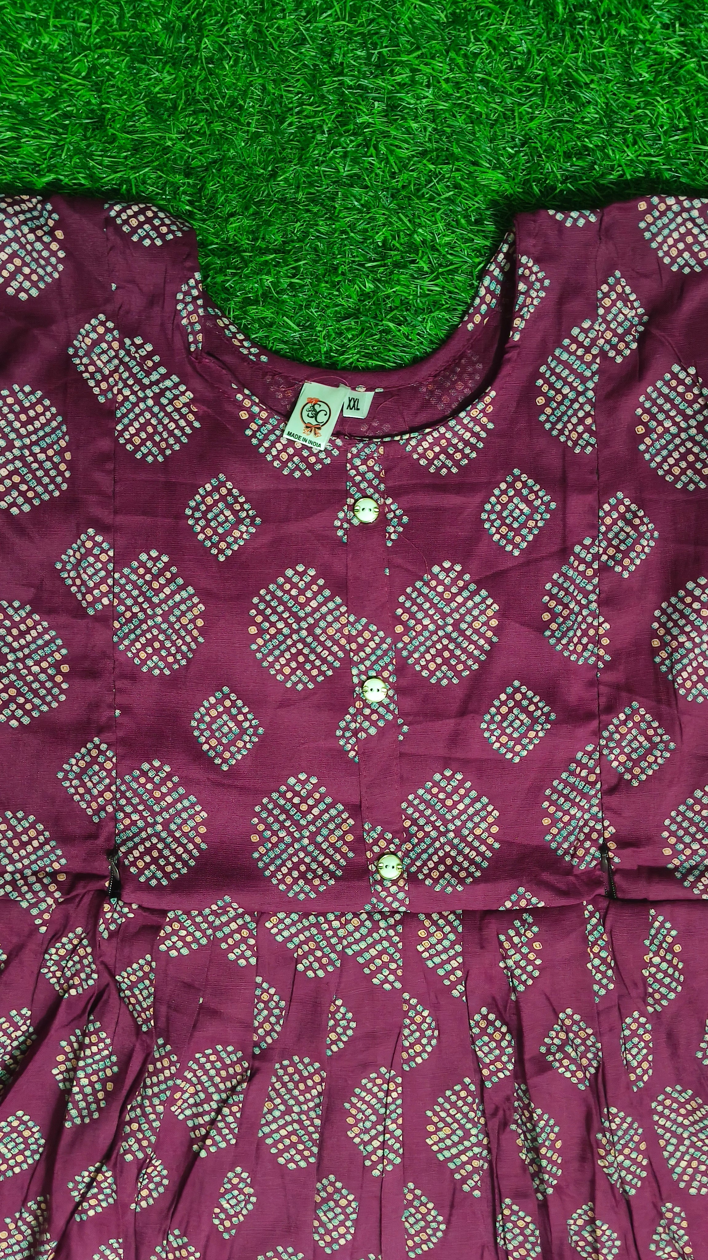 Elegant Purple and Multi-colour Print Bandhani Print Single Piece Kurti with Front Buttons and Waist Tie