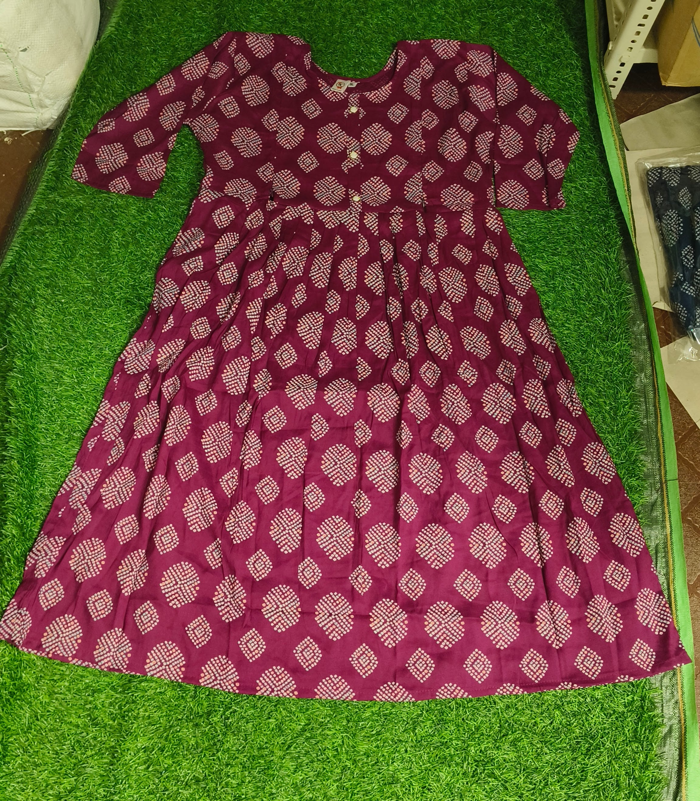 Elegant Purple and Multi-colour Print Bandhani Print Single Piece Kurti with Front Buttons and Waist Tie