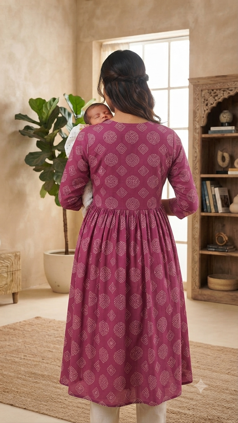 Elegant Purple and Multi-colour Print Bandhani Print Single Piece Kurti with Front Buttons and Waist Tie