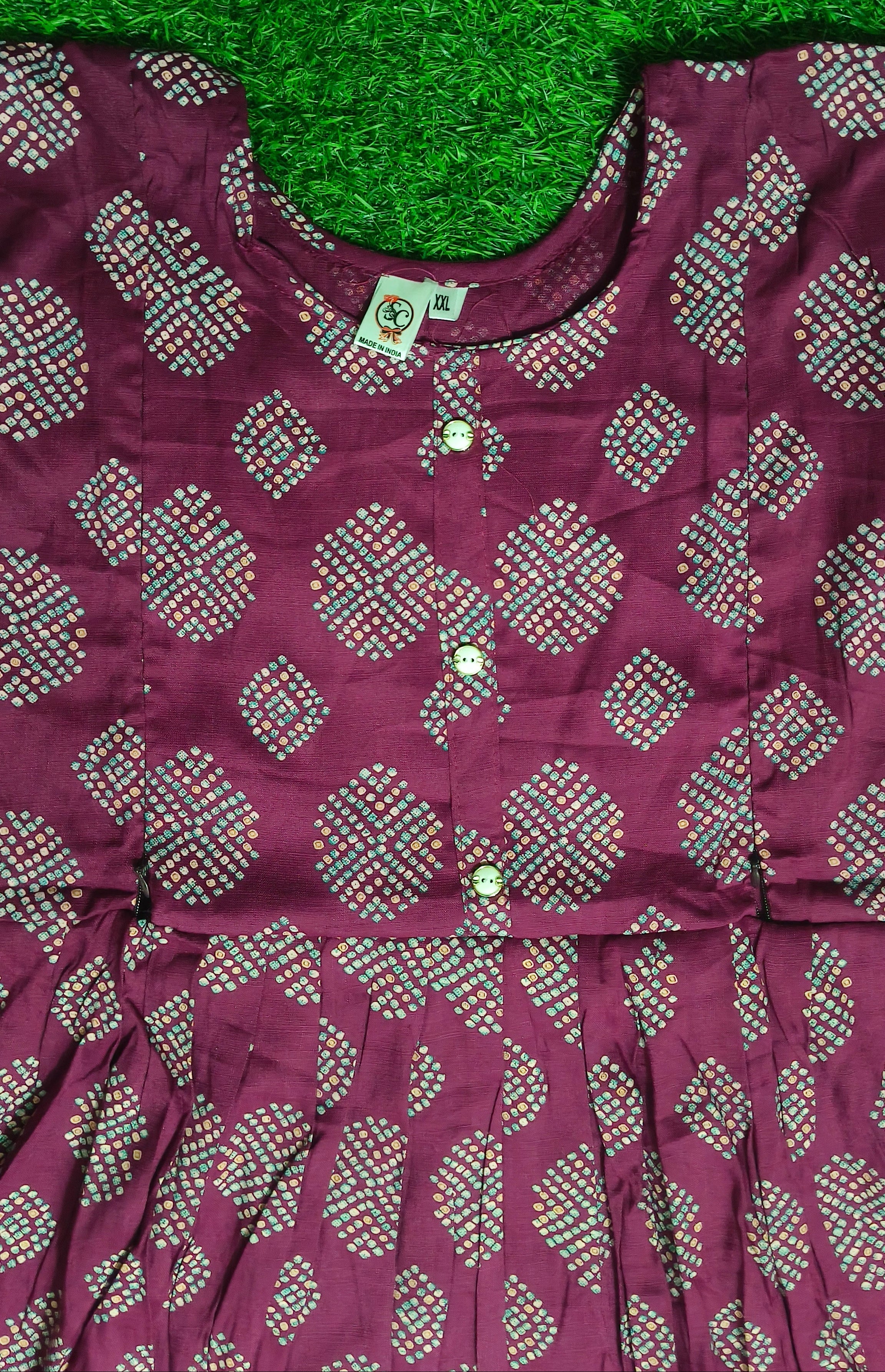Heavy Two-Tone Print Purple and white Rayon Feeding Kurti with Adjustable Waist Tie