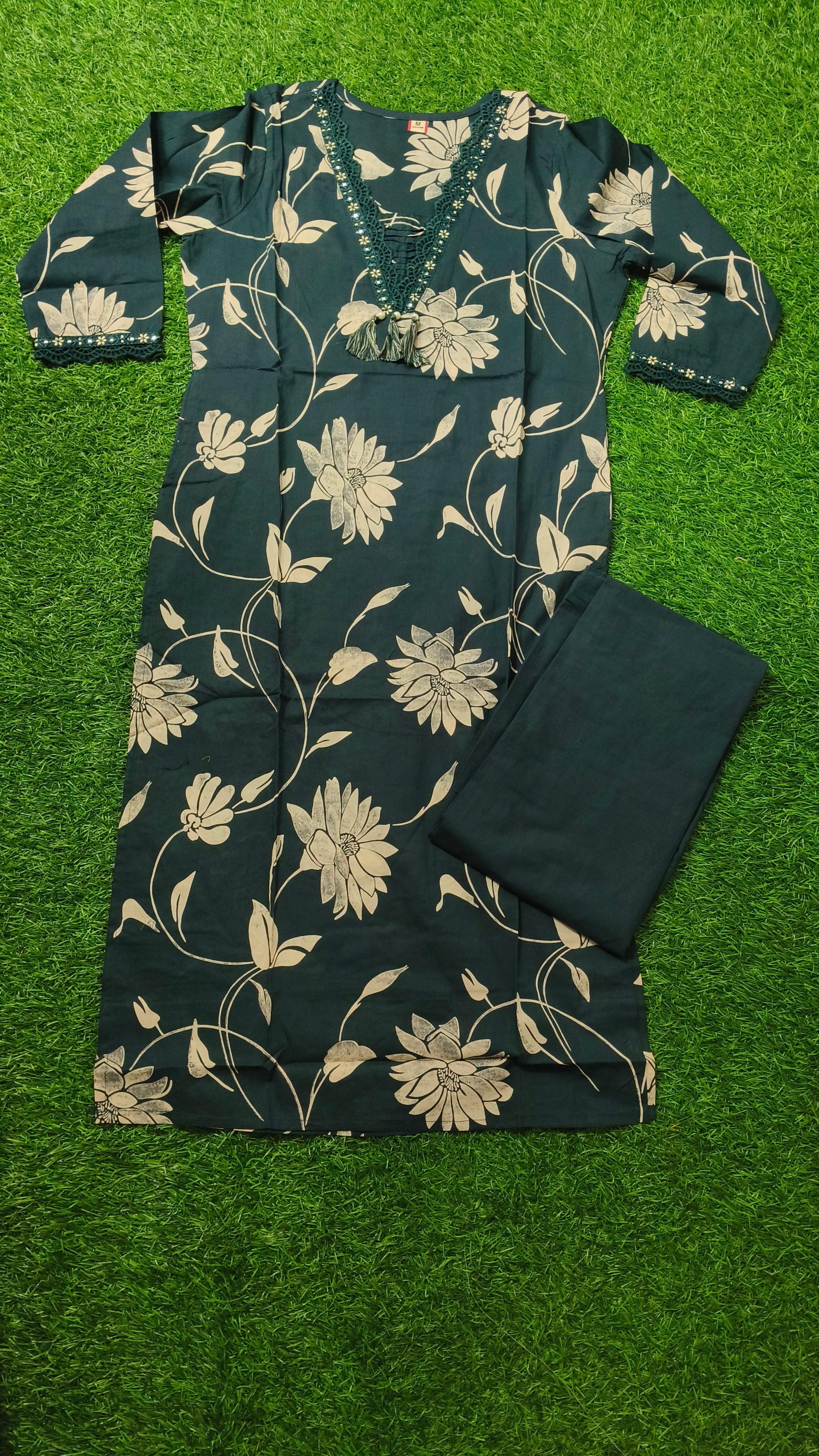 Elegant Deep Teal Floral Print Cotton 2-Piece Kurti Set