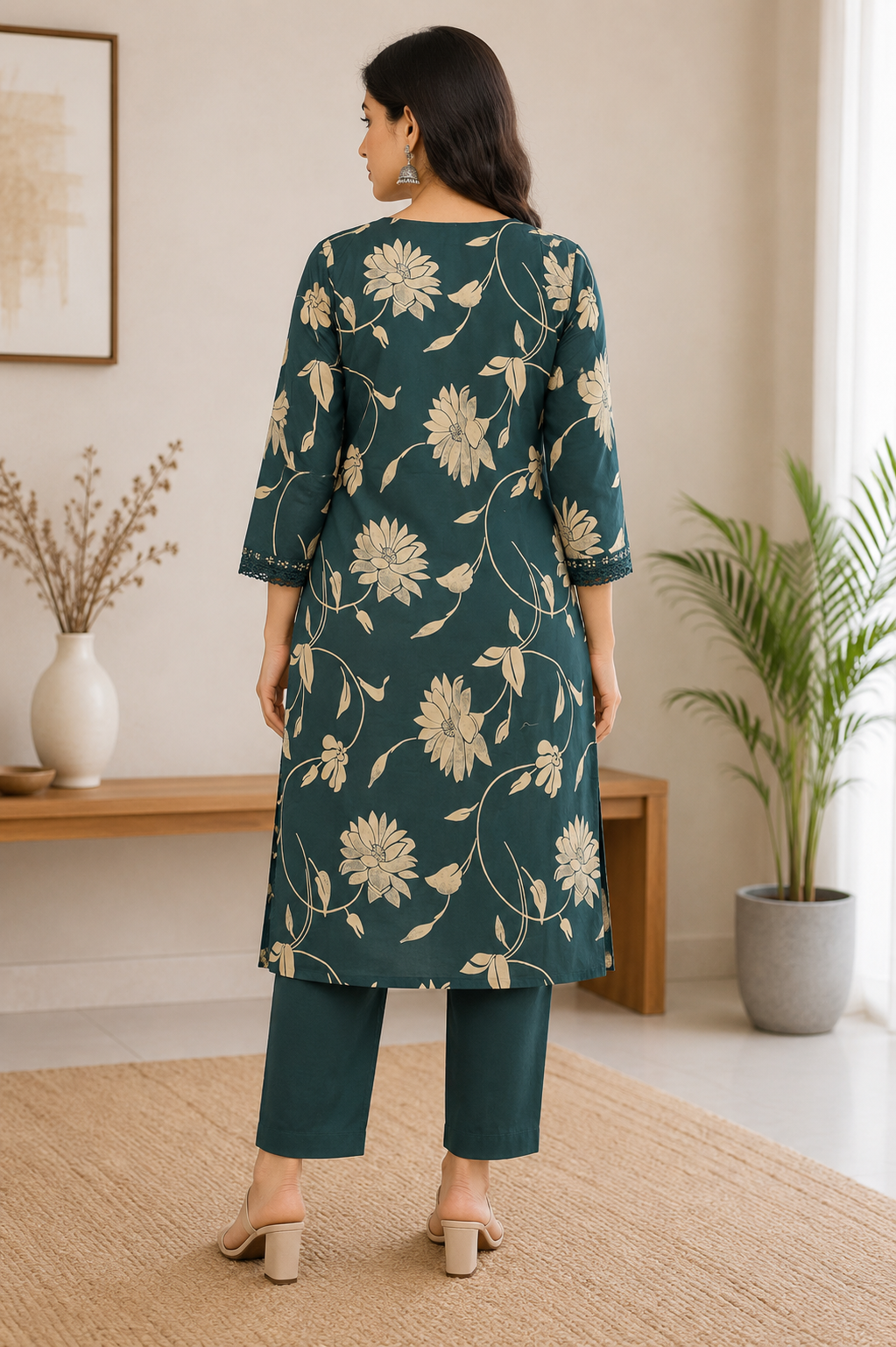 Elegant Deep Teal Floral Print Cotton 2-Piece Kurti Set