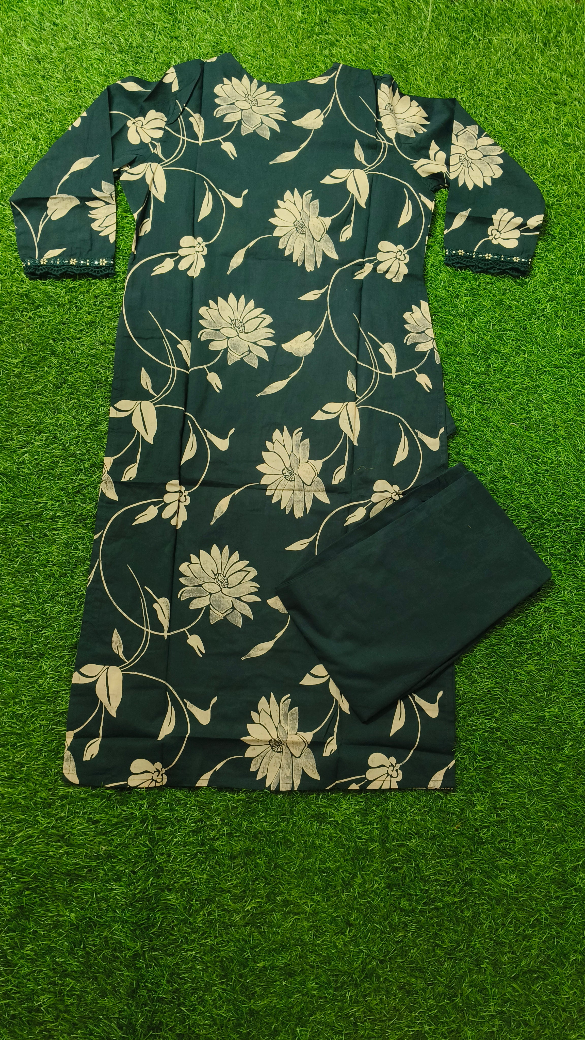 Elegant Deep Teal Floral Print Cotton 2-Piece Kurti Set