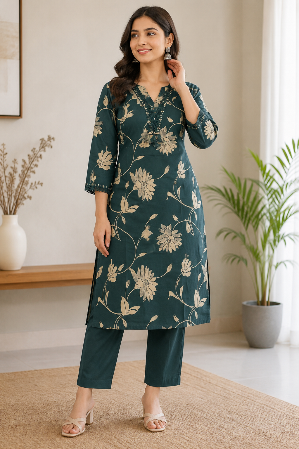 Elegant Deep Teal Floral Print Cotton 2-Piece Kurti Set