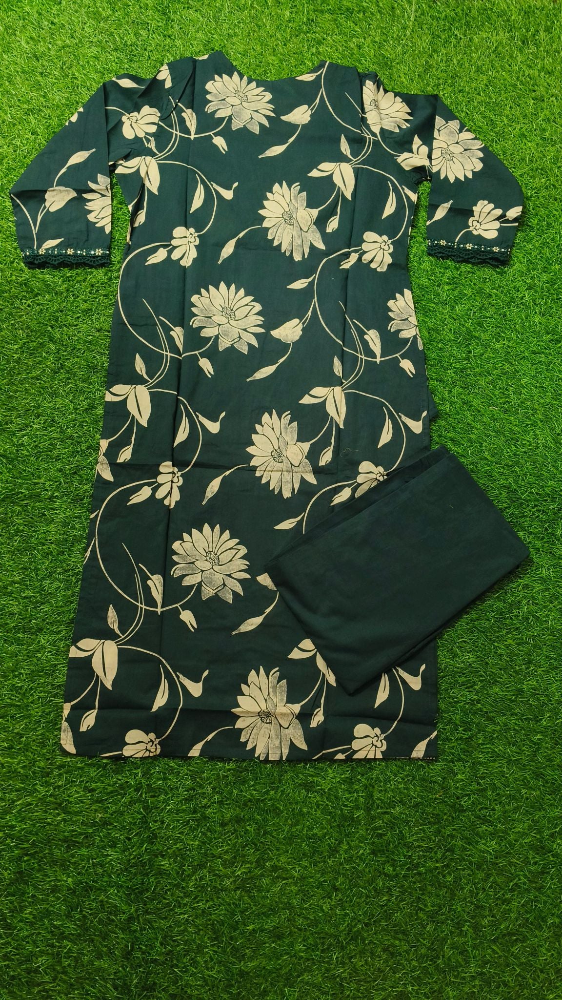 Elegant Deep Teal Floral Print Cotton 2-Piece Kurti Set