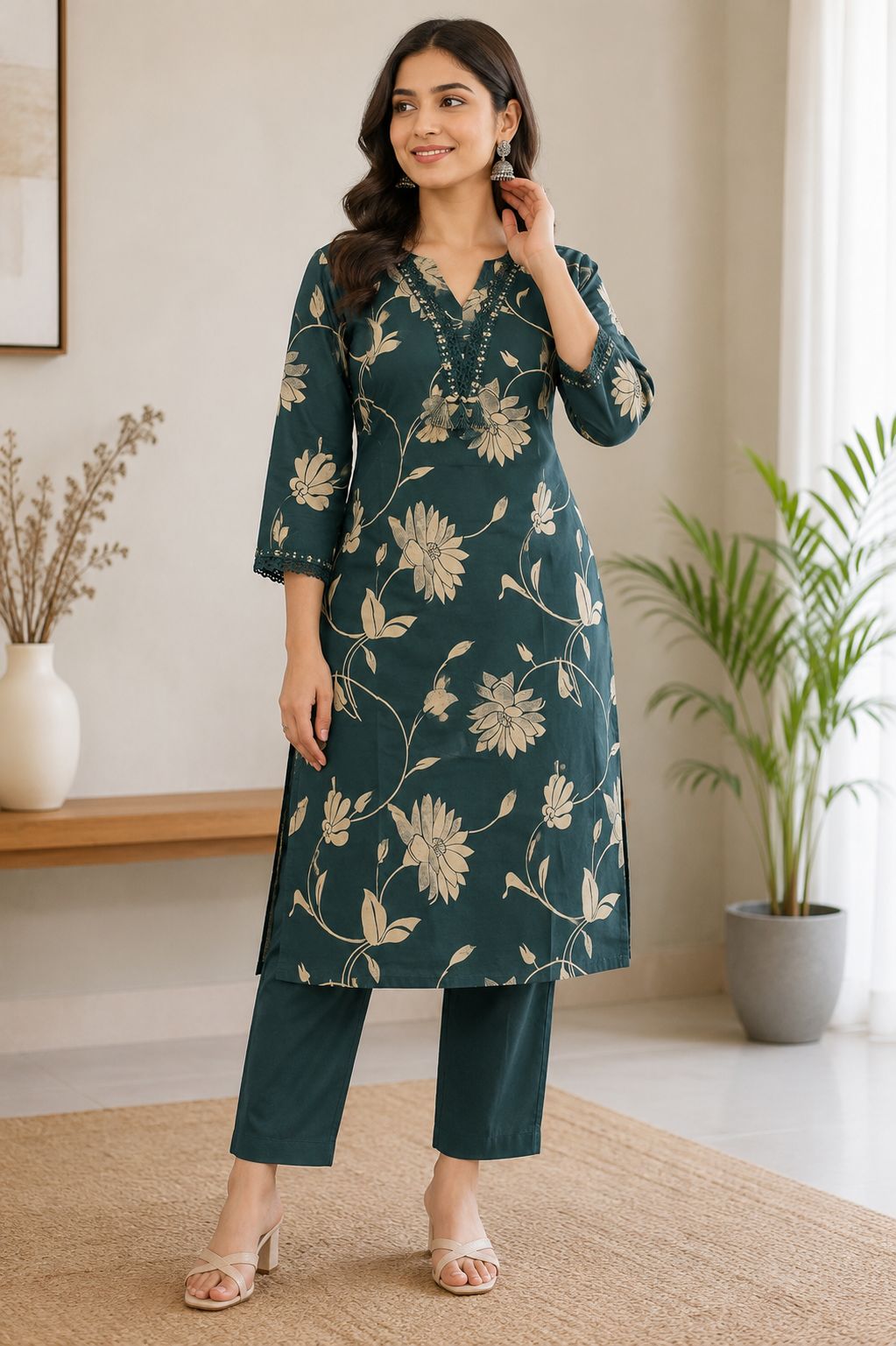 Elegant Deep Teal Floral Print Cotton 2-Piece Kurti Set