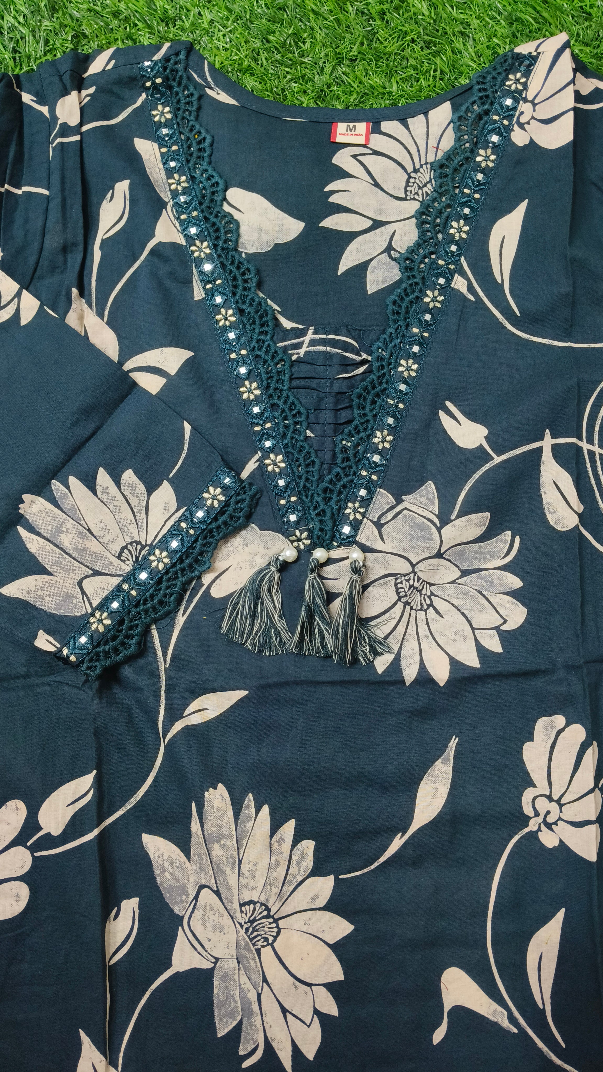 Elegant Deep Teal Floral Print Cotton 2-Piece Kurti Set