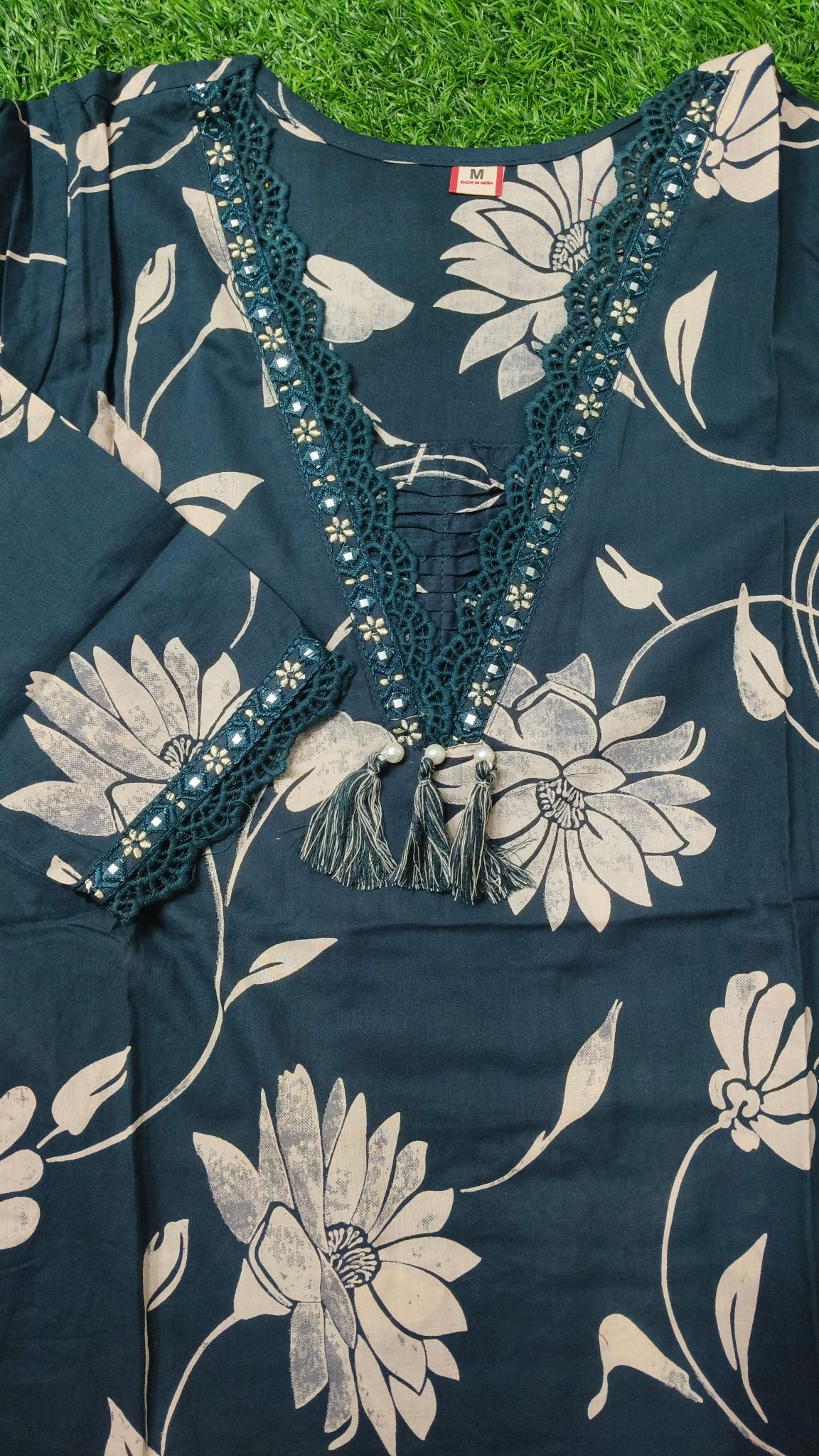 Elegant Deep Teal Floral Print Cotton 2-Piece Kurti Set