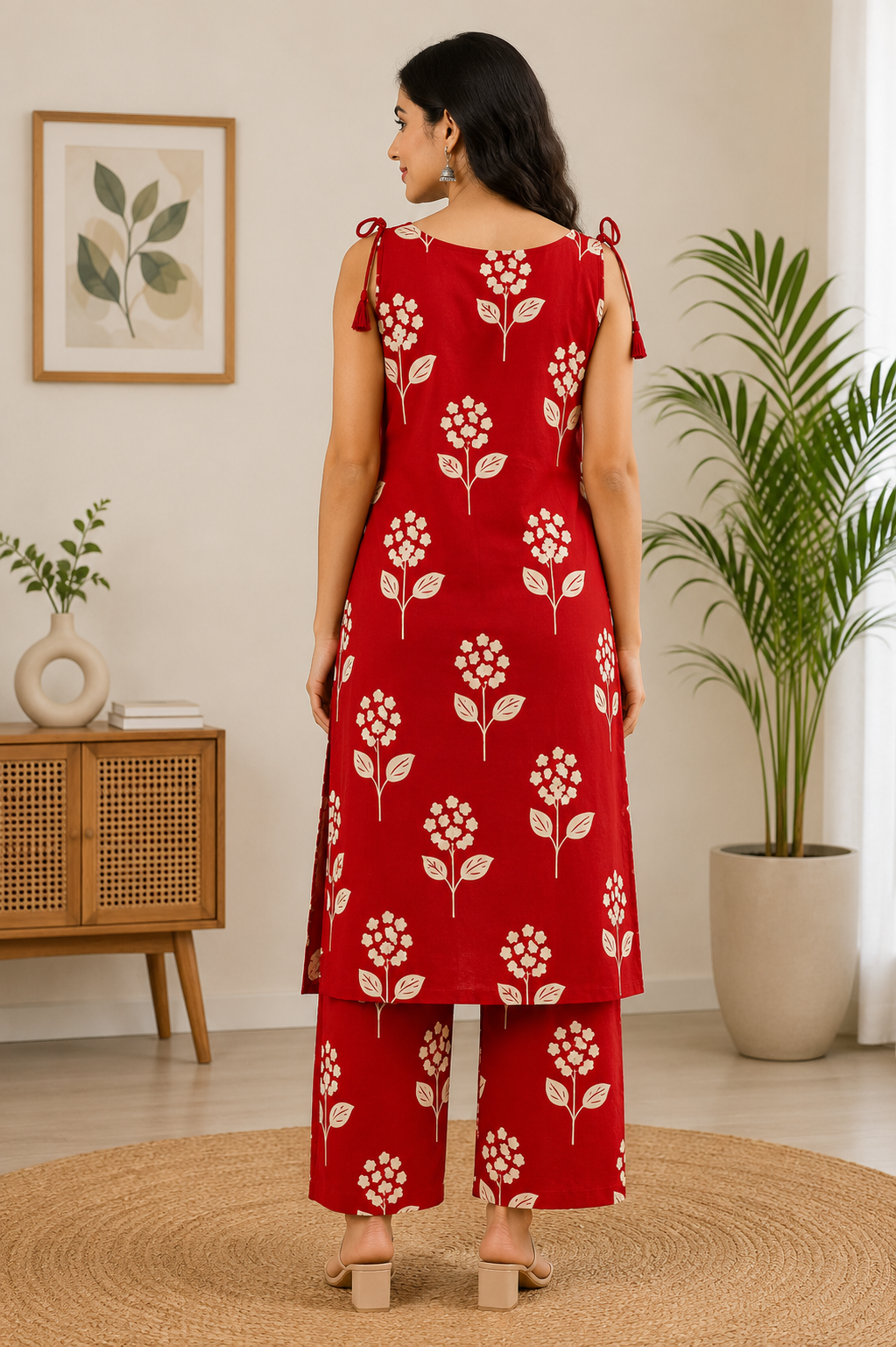 Vibrant Red and Off-White Floral Print Cotton 2-Piece Kurti Set
