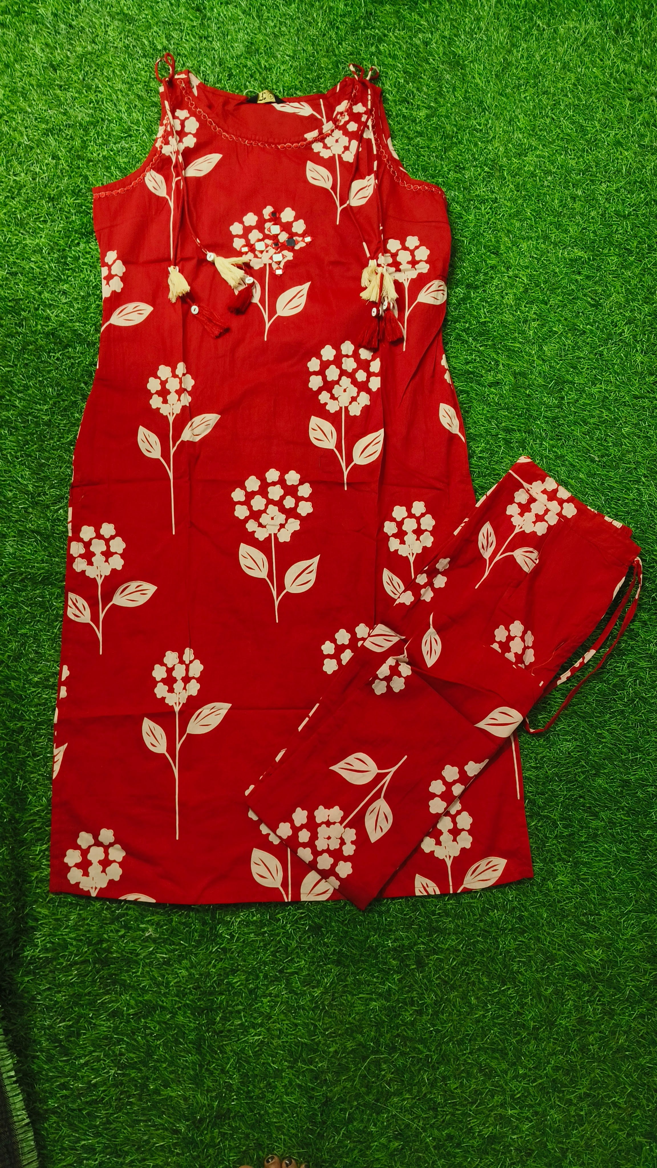 Vibrant Red and Off-White Floral Print Cotton 2-Piece Kurti Set