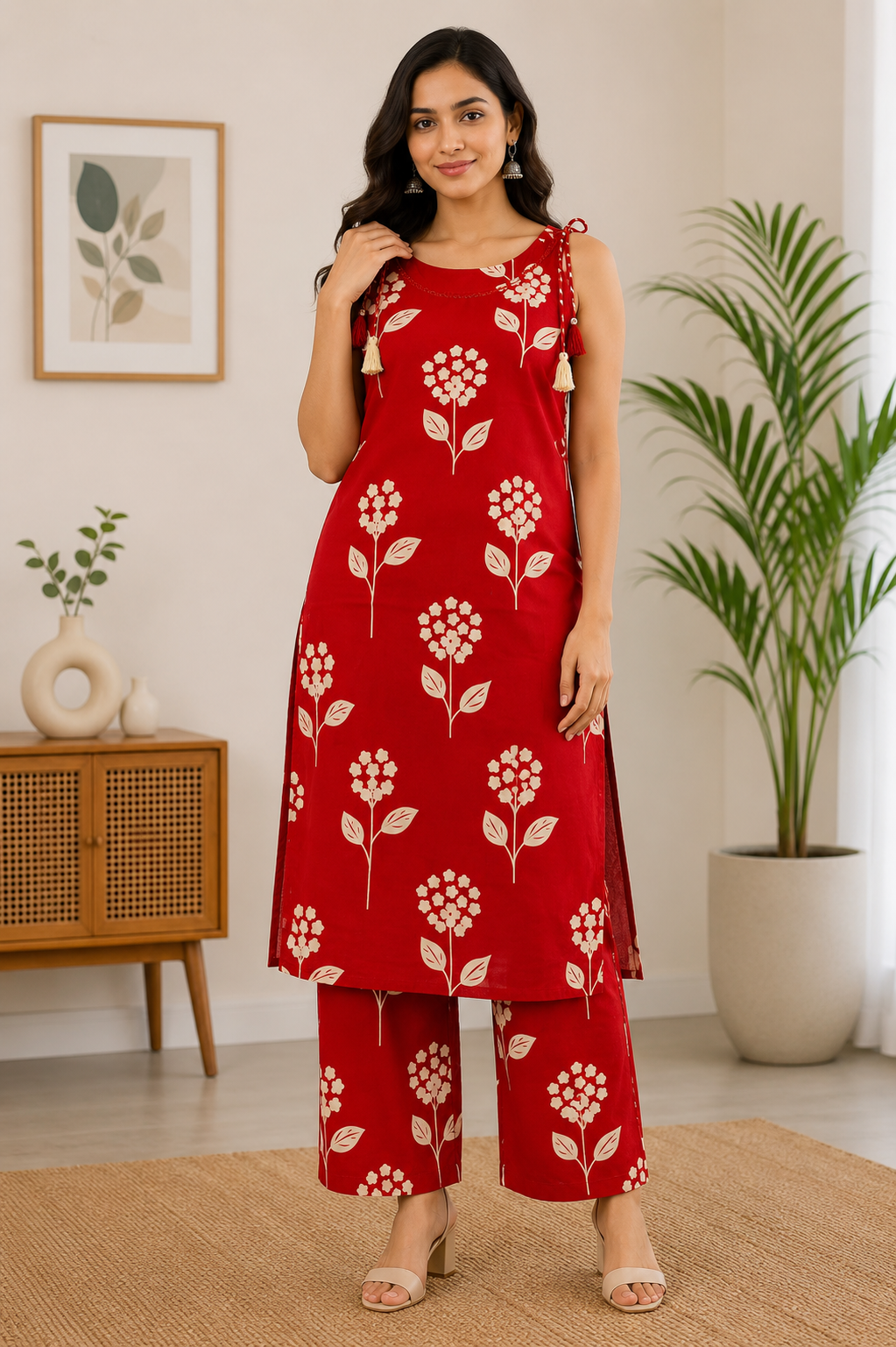 Vibrant Red and Off-White Floral Print Cotton 2-Piece Kurti Set