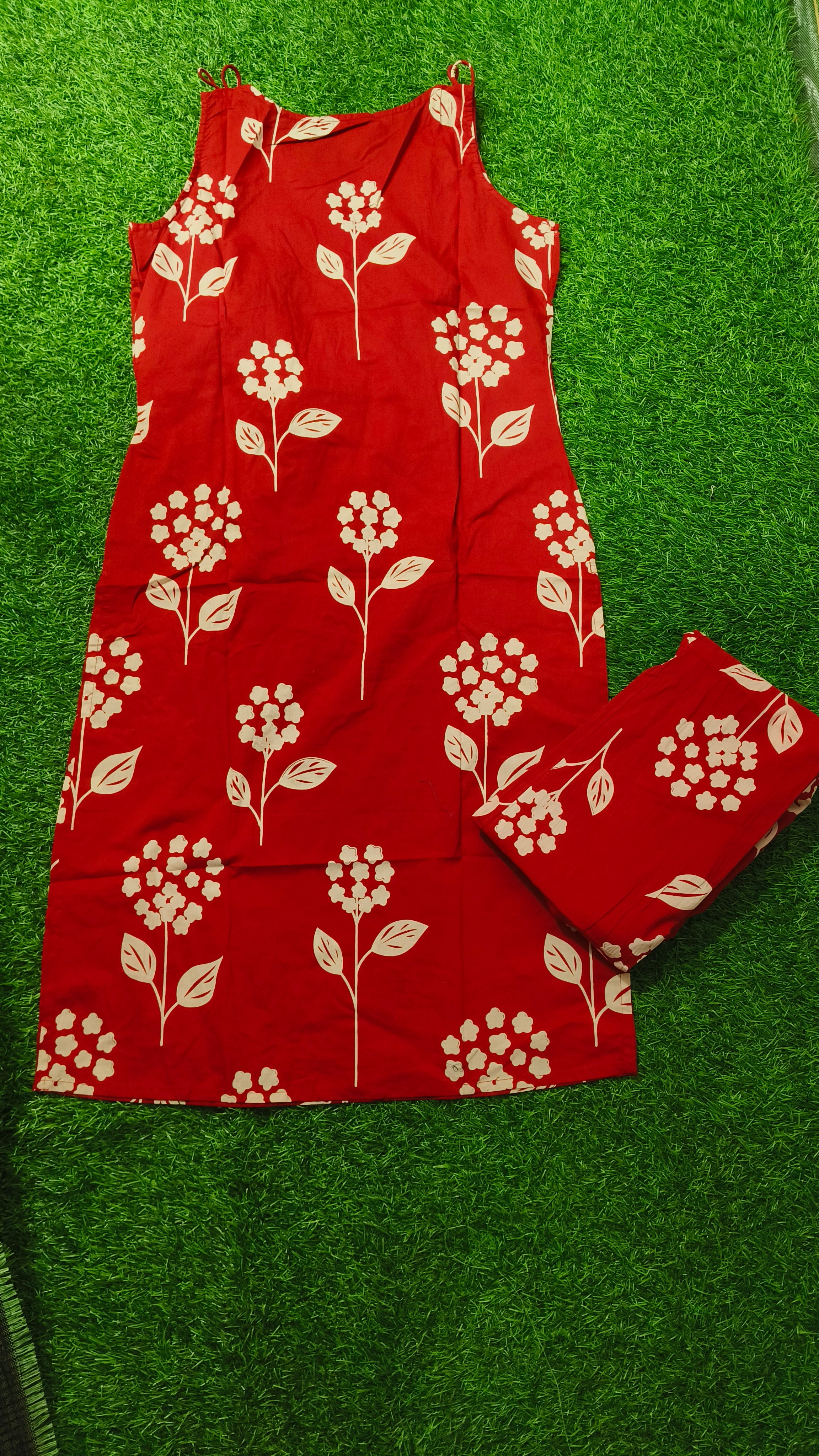Vibrant Red and Off-White Floral Print Cotton 2-Piece Kurti Set