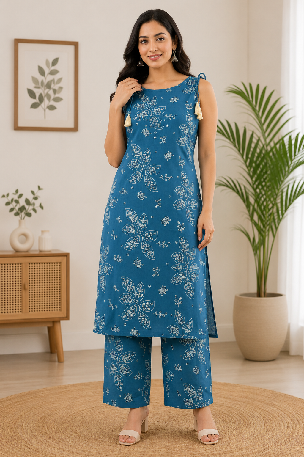 Elegant Blue and White Floral Print Sleeveless Cotton 2-Piece Kurti Set