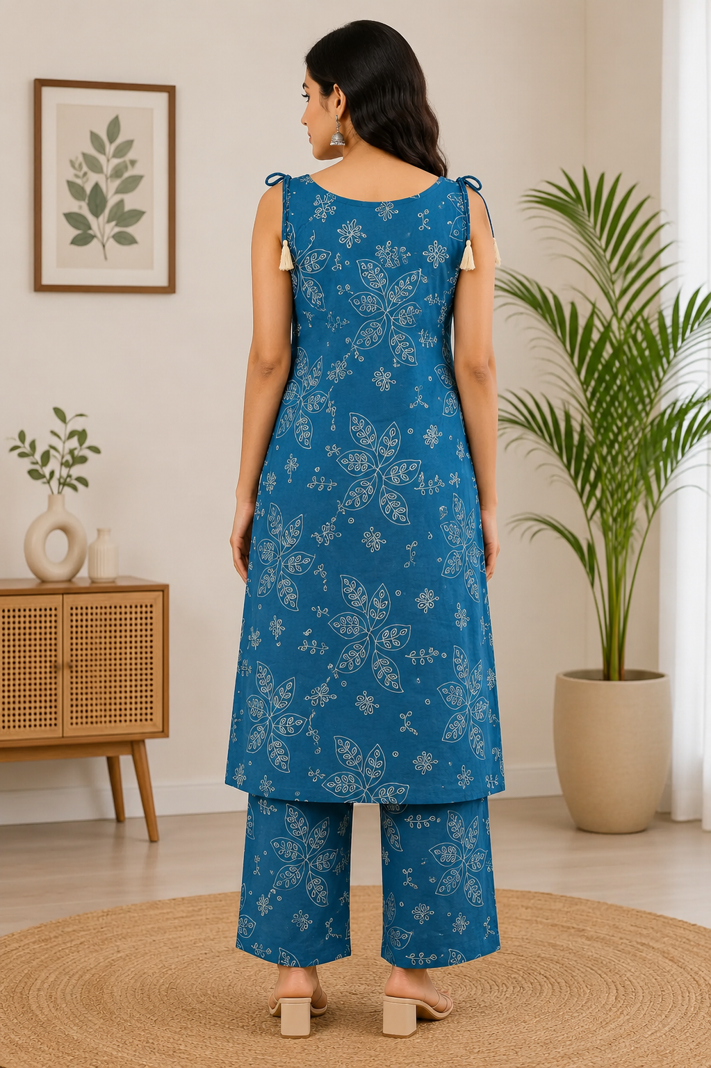 Elegant Blue and White Floral Print Sleeveless Cotton 2-Piece Kurti Set