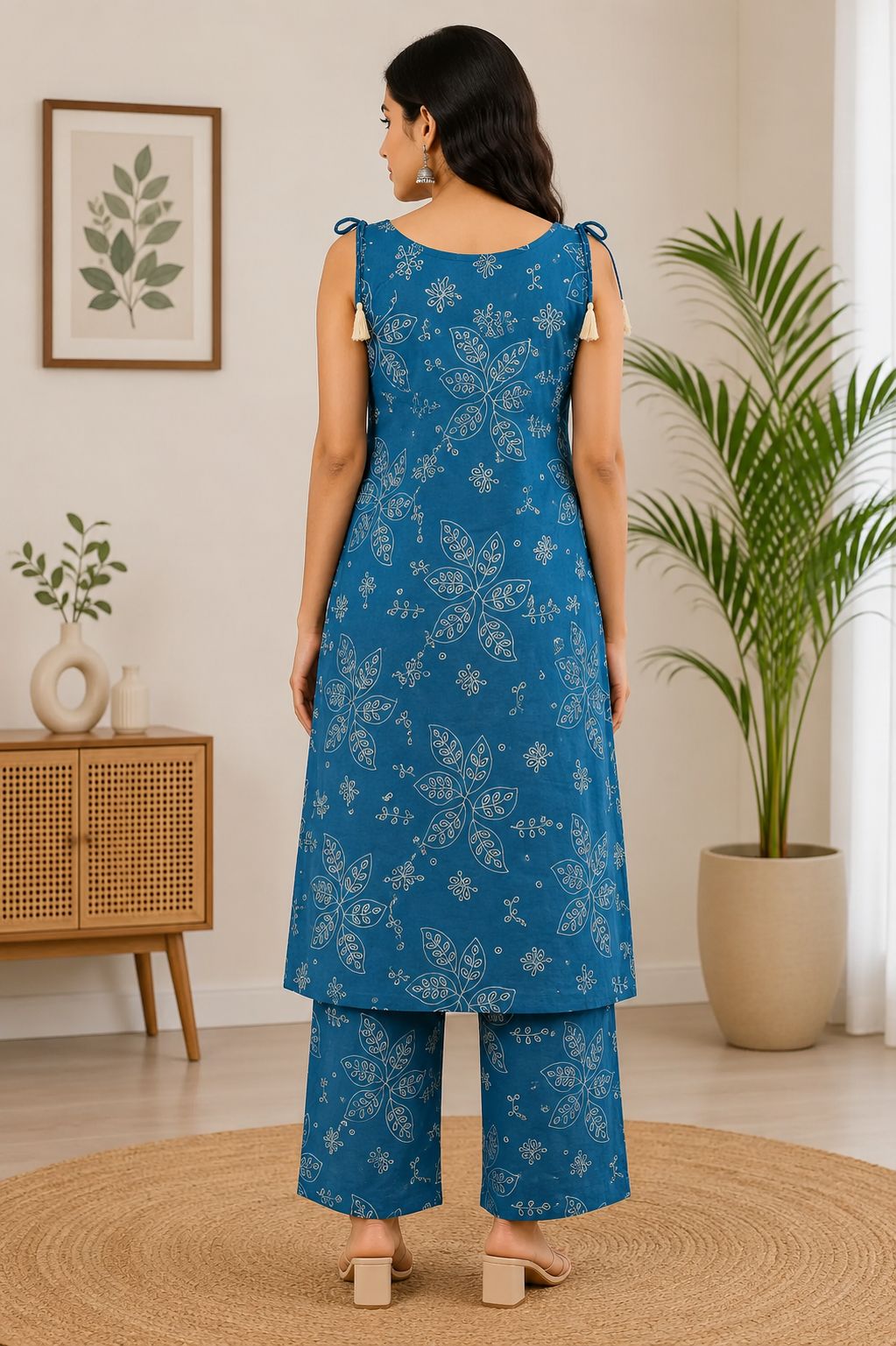Elegant Blue and White Floral Print Sleeveless Cotton 2-Piece Kurti Set