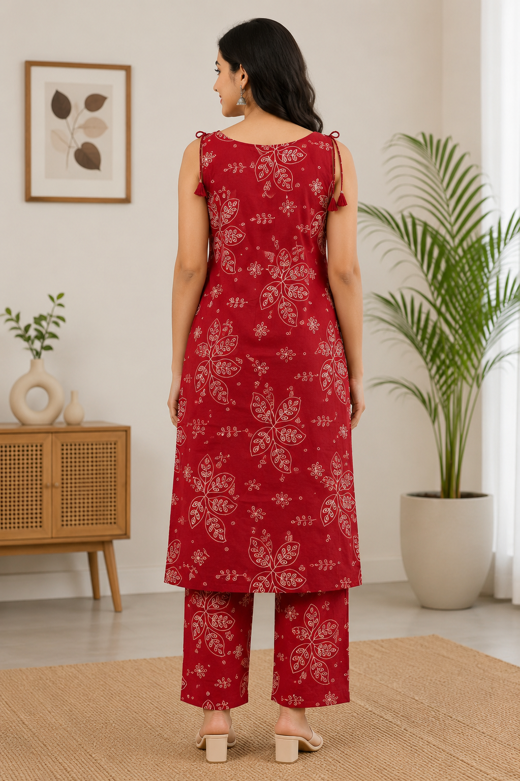Elegant Maroon and Off-White Leaf Print Sleeveless Cotton 2-Piece Kurti Set