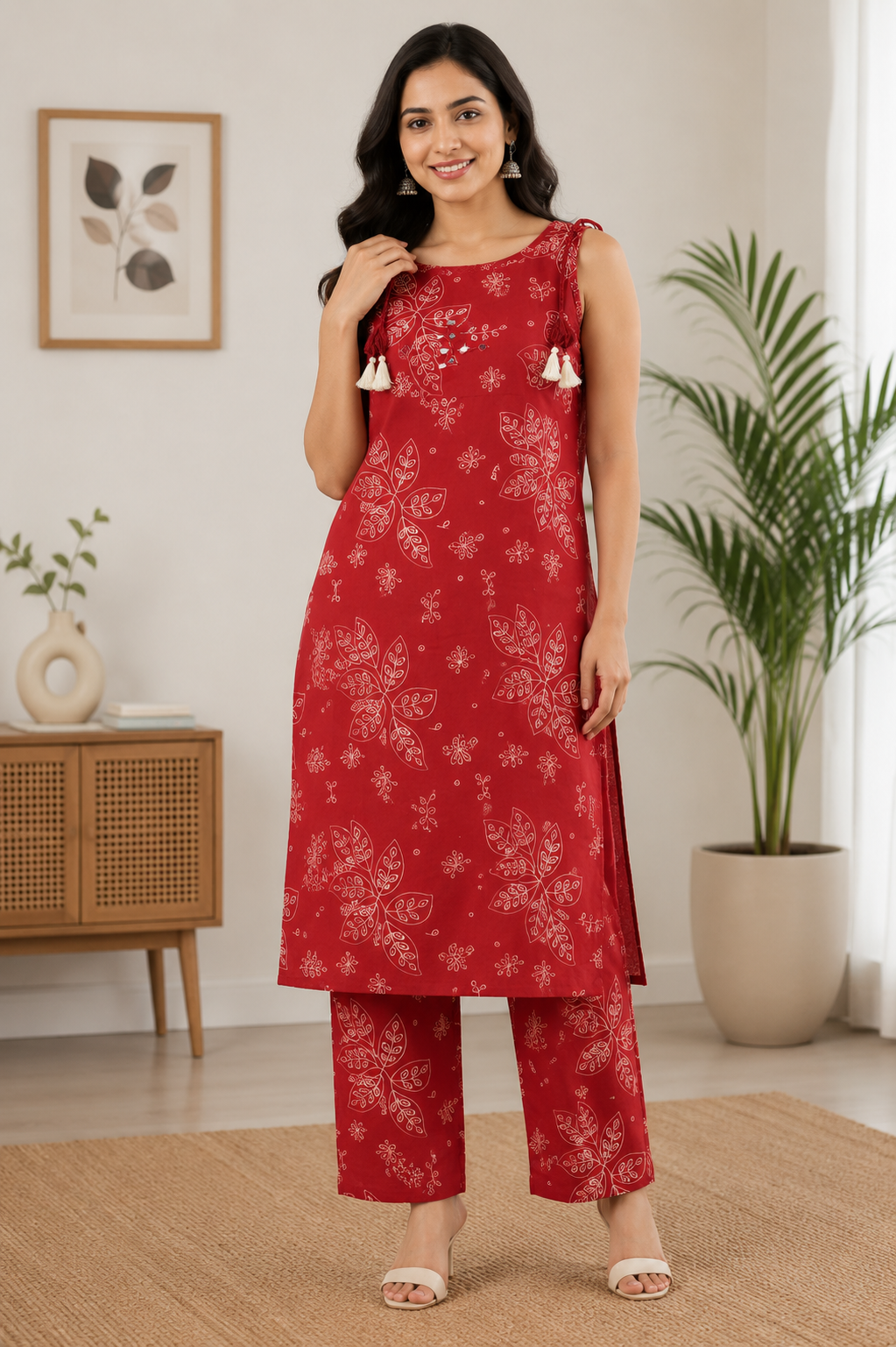 Elegant Maroon and Off-White Leaf Print Sleeveless Cotton 2-Piece Kurti Set