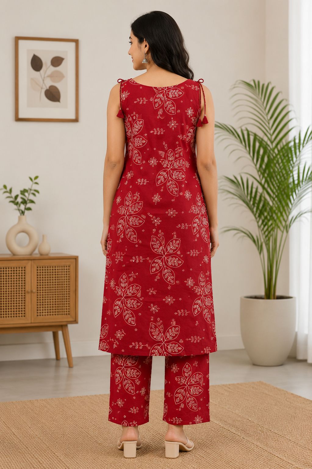 Elegant Maroon and Off-White Leaf Print Sleeveless Cotton 2-Piece Kurti Set