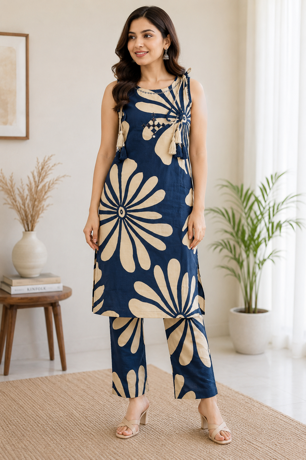 Elegant Blue and Off-White Large Floral Print Cotton 2-Piece Kurti Set