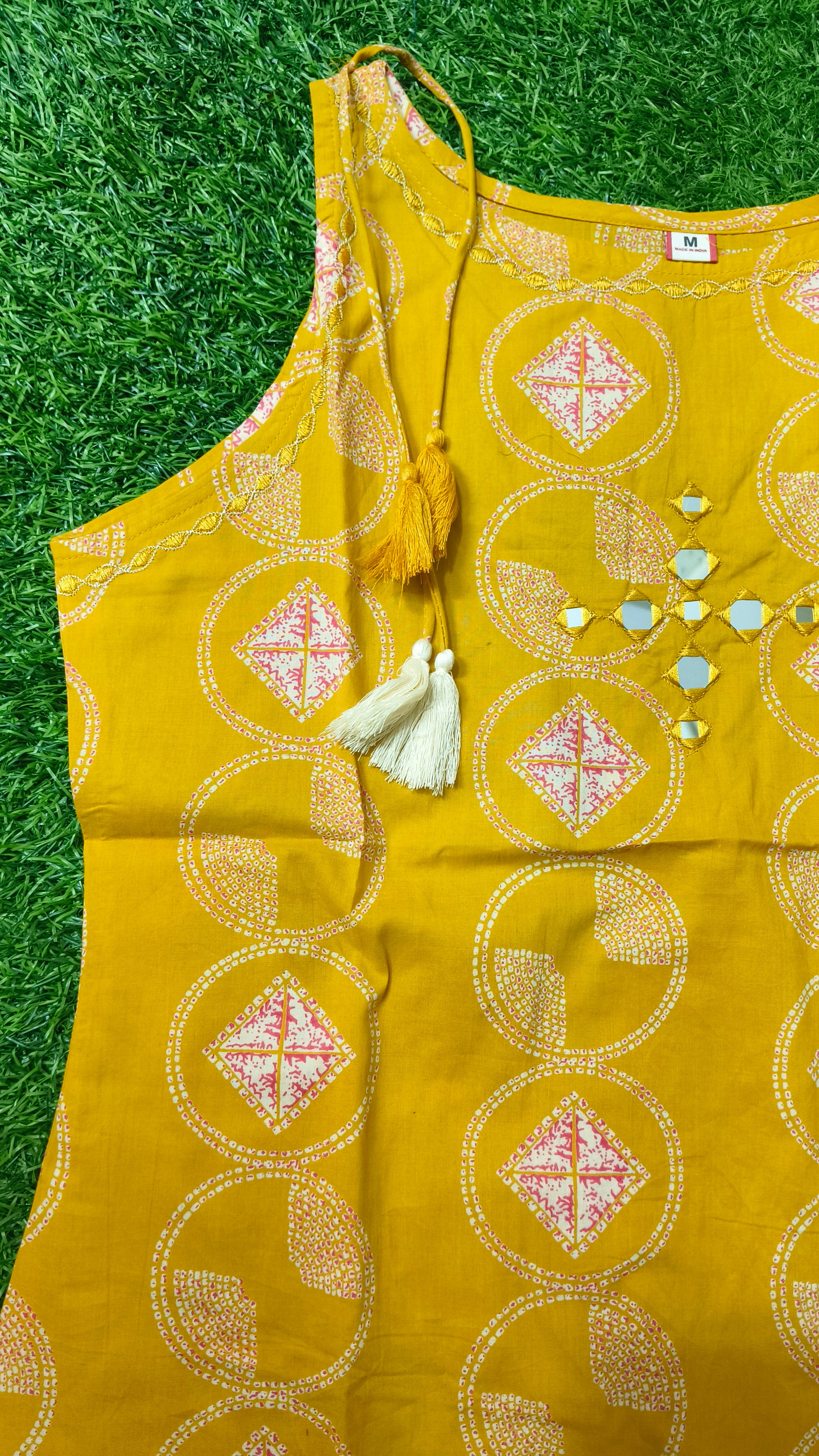 Vibrant Mustard Yellow Geometric Block-Print Cotton 2-Piece Kurti Set