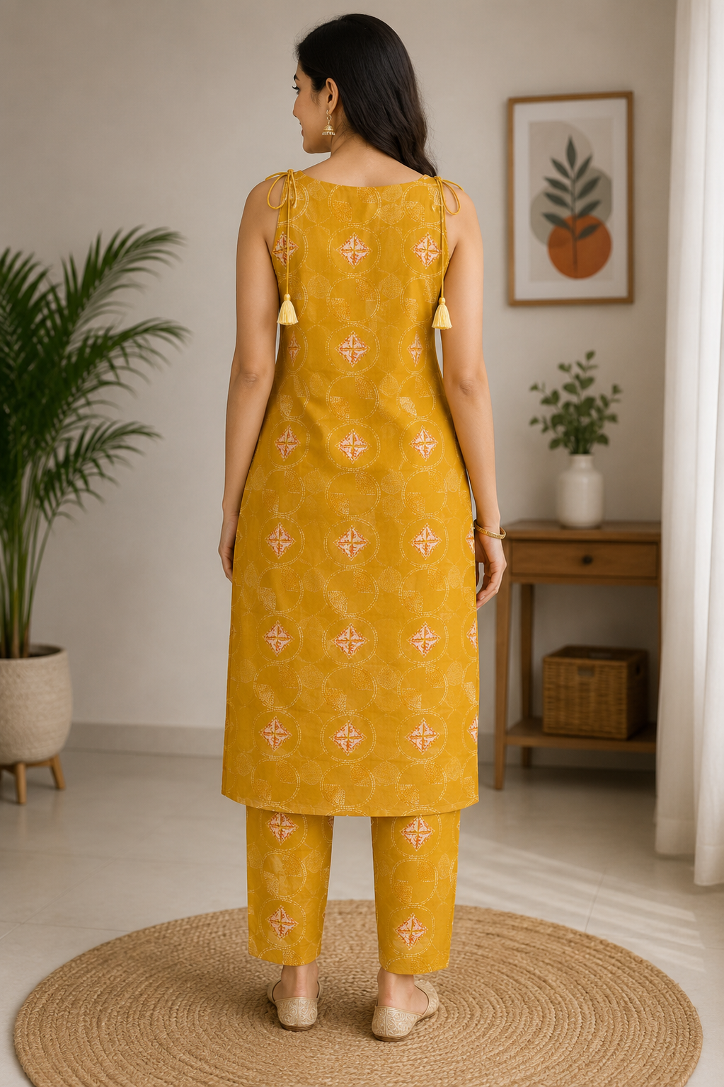 Vibrant Mustard Yellow Geometric Block-Print Cotton 2-Piece Kurti Set