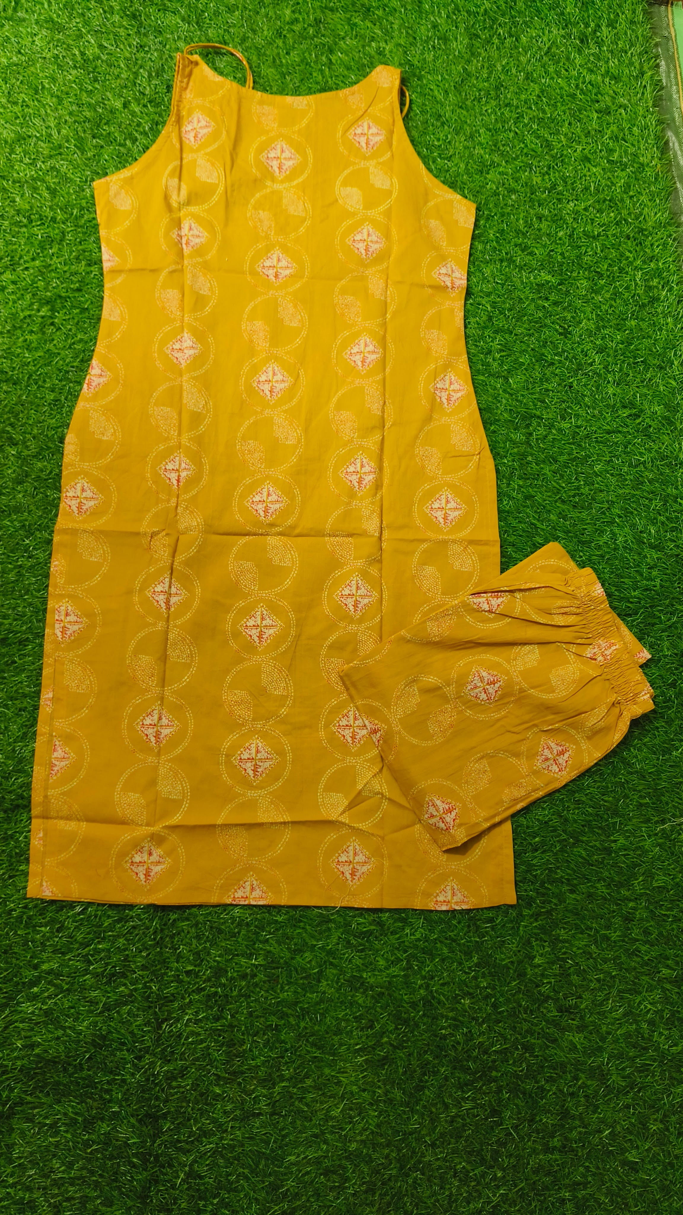 Vibrant Mustard Yellow Geometric Block-Print Cotton 2-Piece Kurti Set