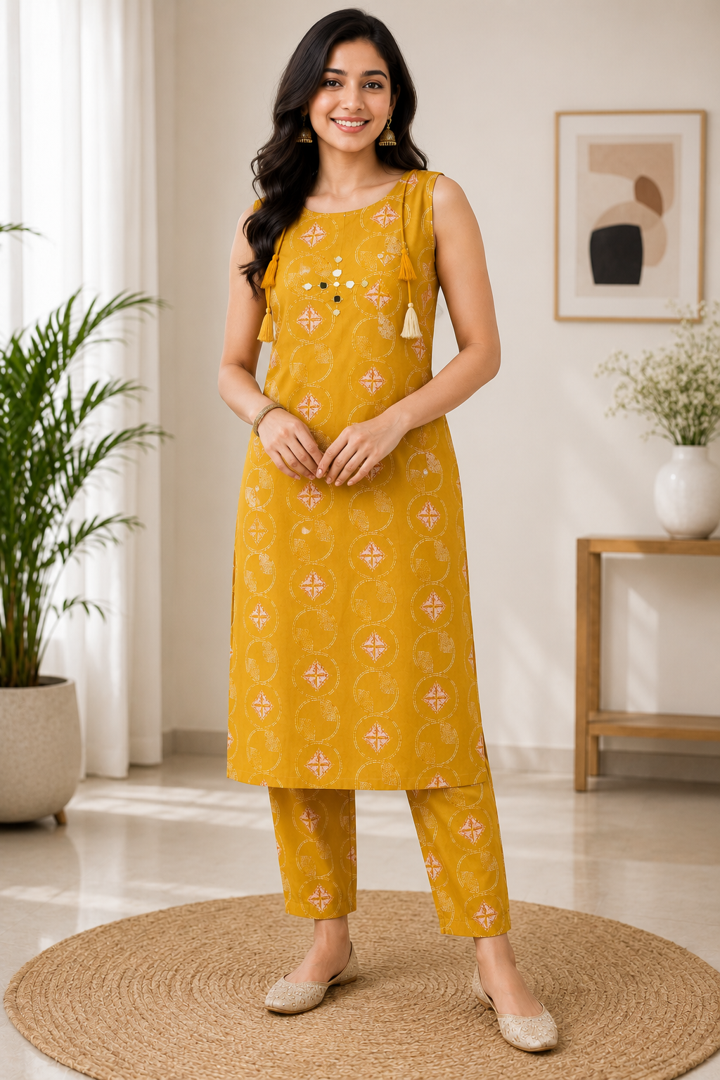 Vibrant Mustard Yellow Geometric Block-Print Cotton 2-Piece Kurti Set