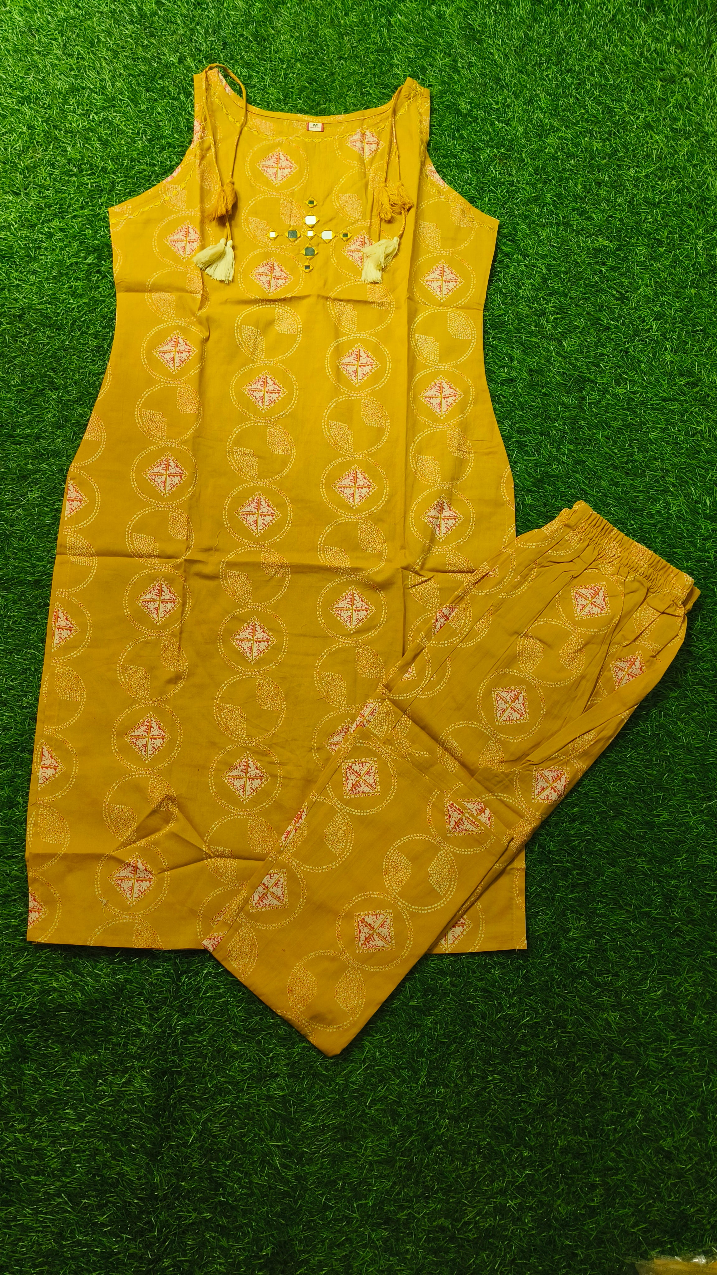 Vibrant Mustard Yellow Geometric Block-Print Cotton 2-Piece Kurti Set
