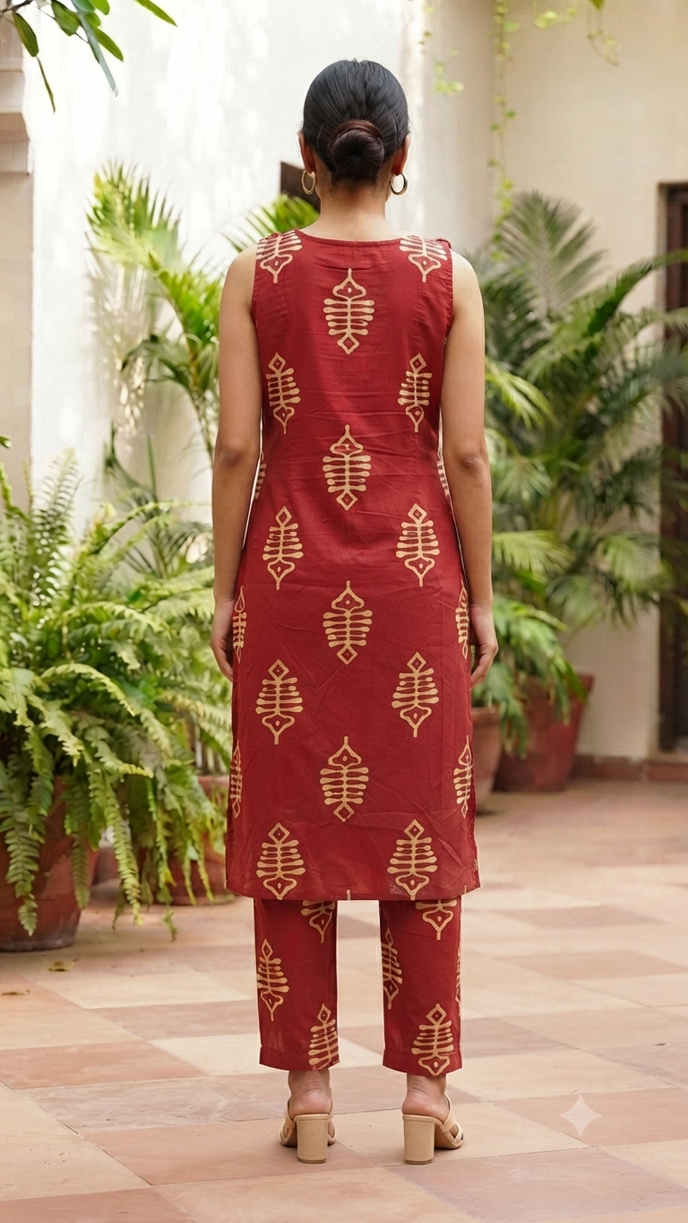 Elegant Maroon and Off-White Abstract Motif Cotton Sleeveless 2-Piece Kurti Set