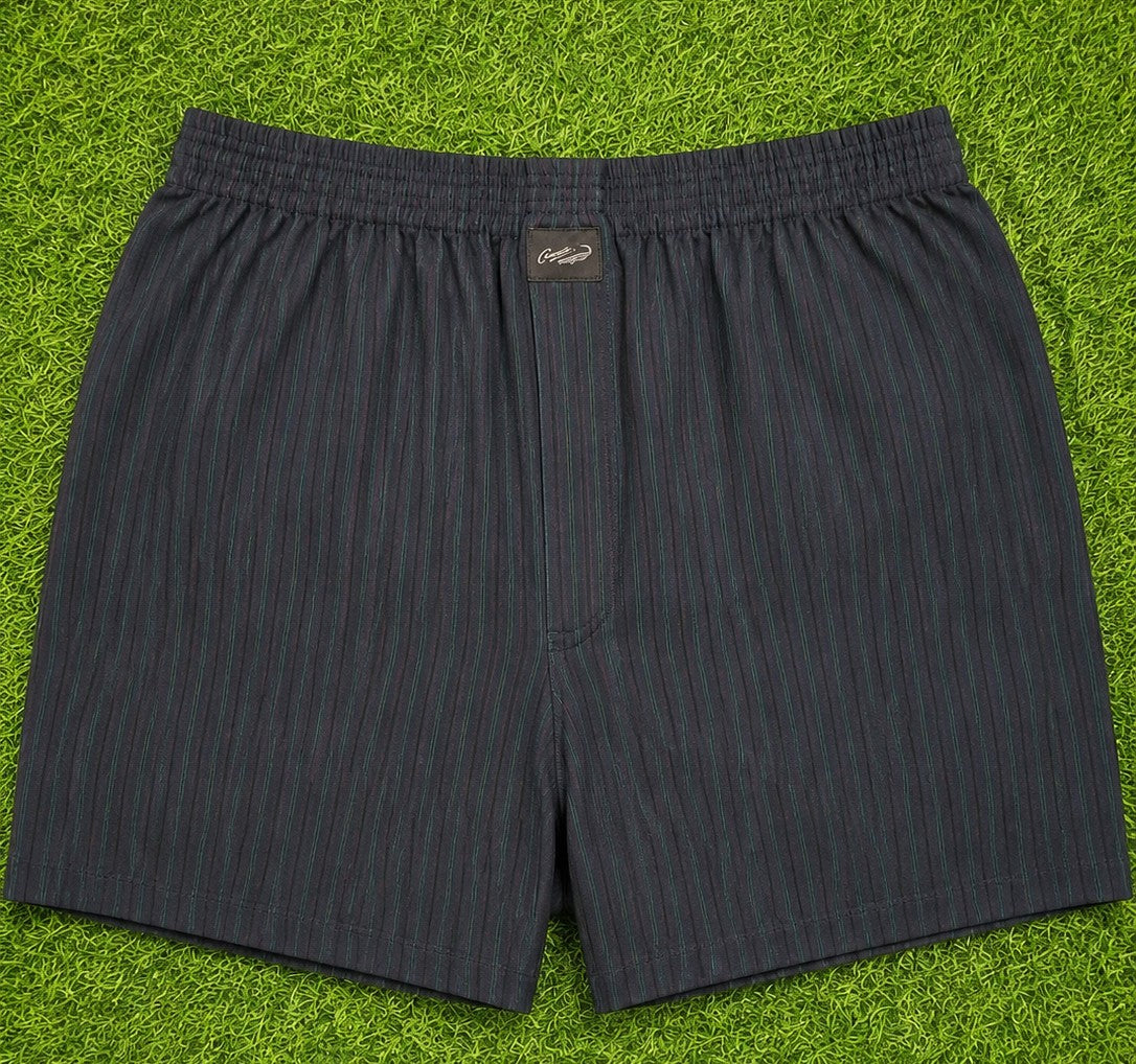Men’s Charcoal Grey & Bottle Green Striped Cotton Shorts with Elastic Waistband & Side Pockets