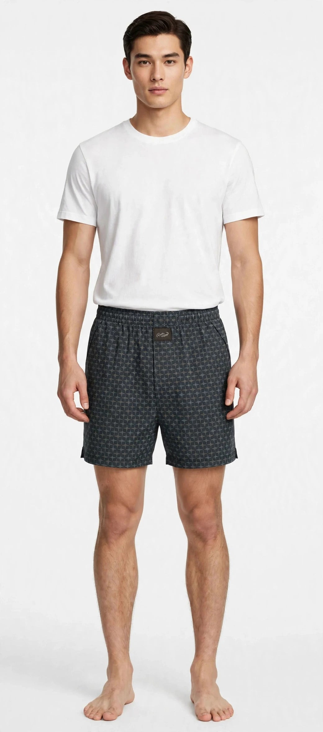 Men’s Charcoal Grey Geometric Printed Cotton Shorts with Elastic Waistband & Side Pockets
