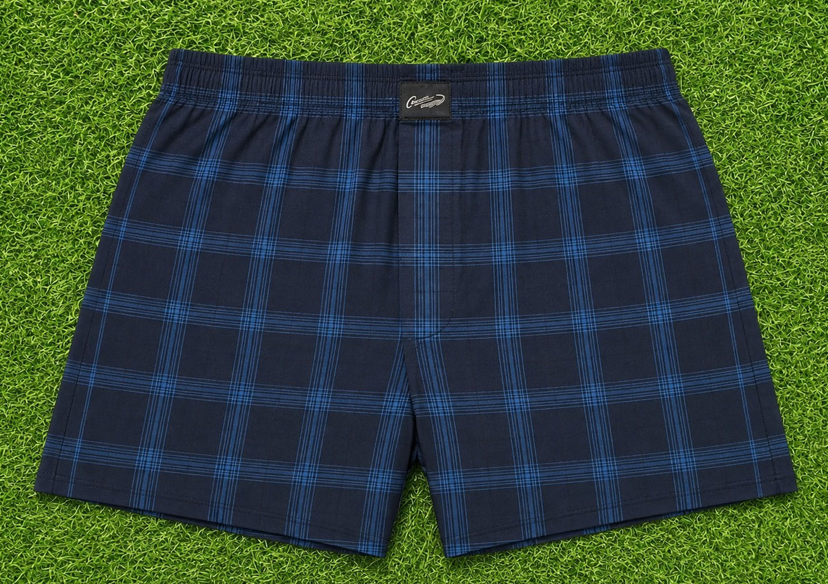 Men’s Dark Navy Blue & Blue Checked Cotton Shorts with Elastic Waistband & Side Pockets