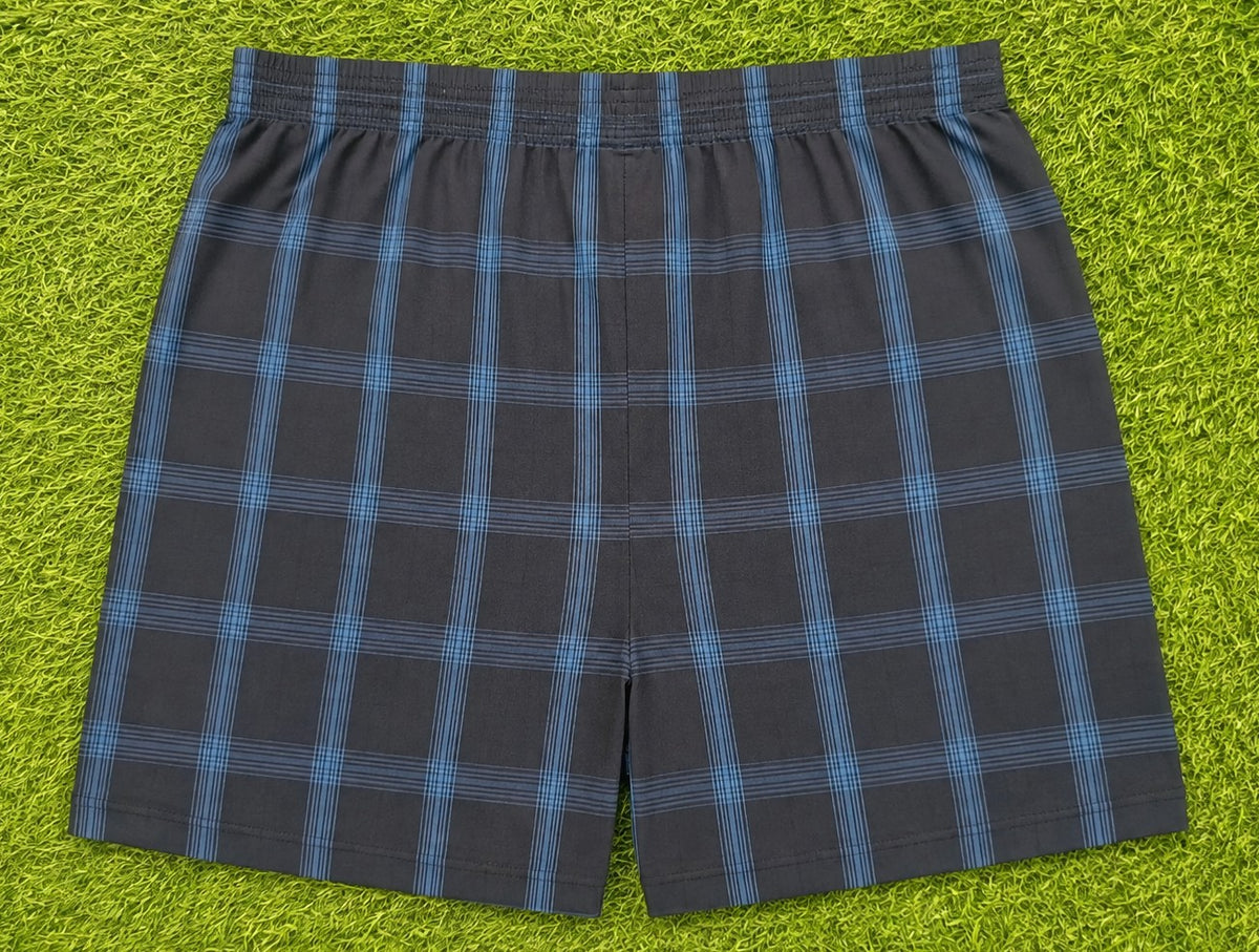 Men’s Dark Navy Blue & Blue Checked Cotton Shorts with Elastic Waistband & Side Pockets