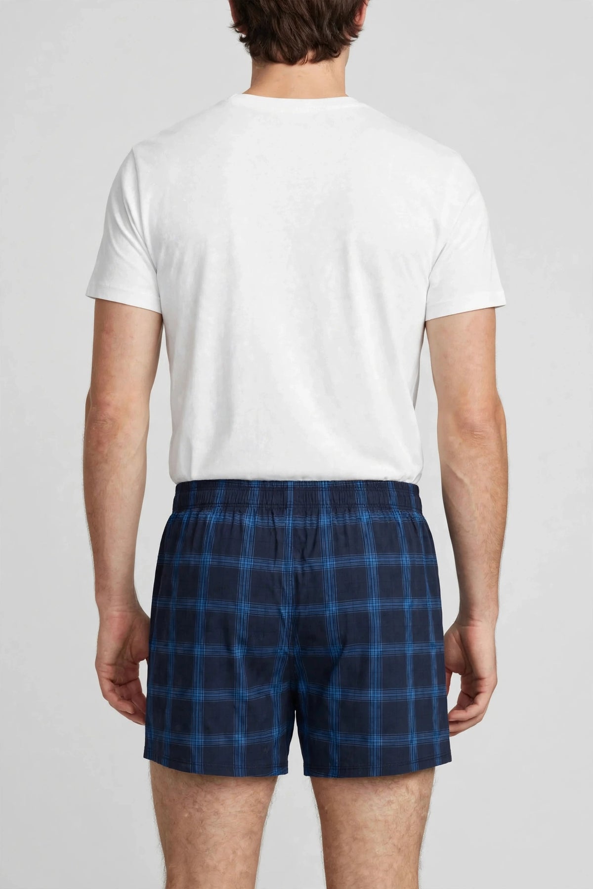 Men’s Dark Navy Blue & Blue Checked Cotton Shorts with Elastic Waistband & Side Pockets